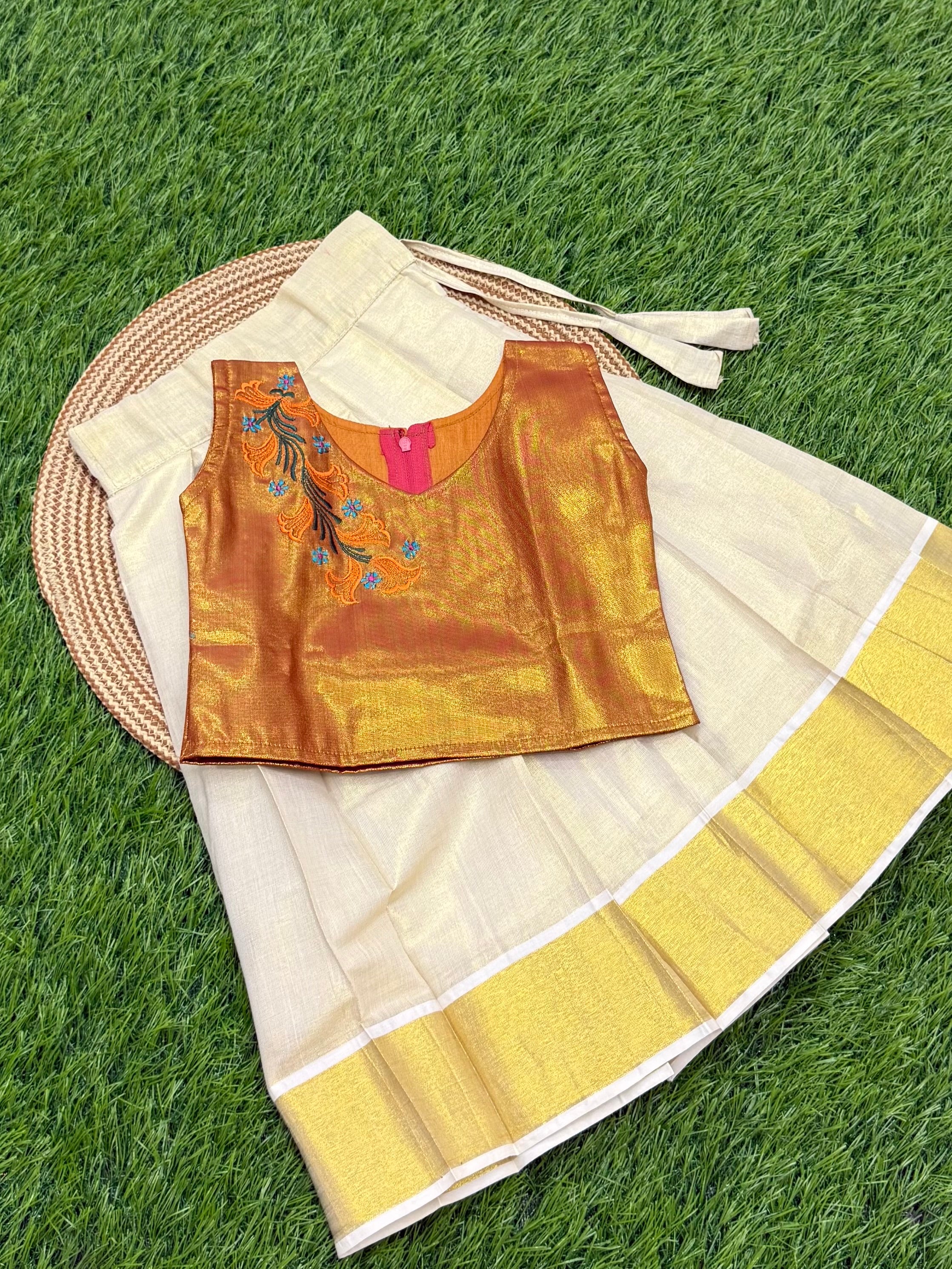 KIDS GIRL'S PATTU PAVADAI - ORANGISH GOLD