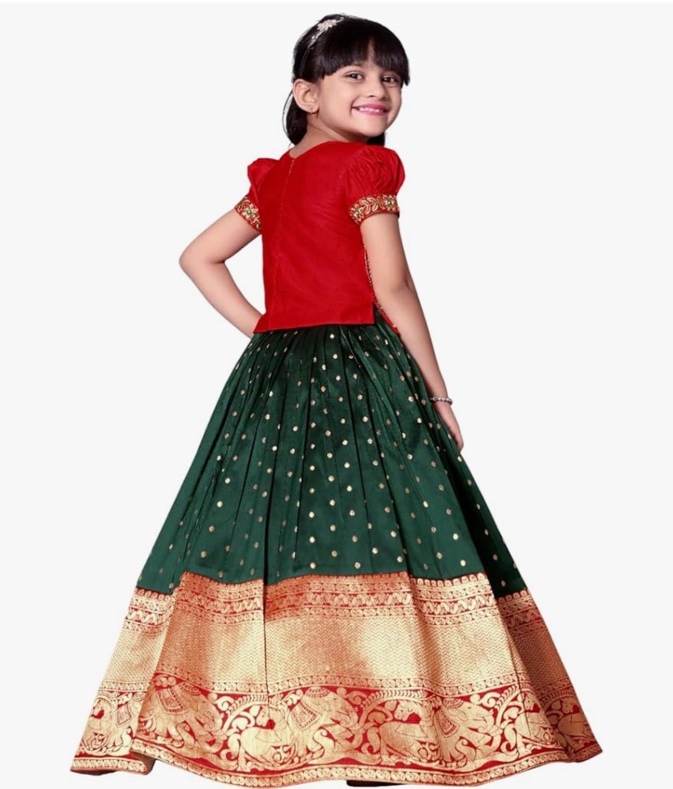 GIRLS SILK BLEND READYMADE PATTU PAVADAI/LEHENGA CHOLI - RED & GREEN
