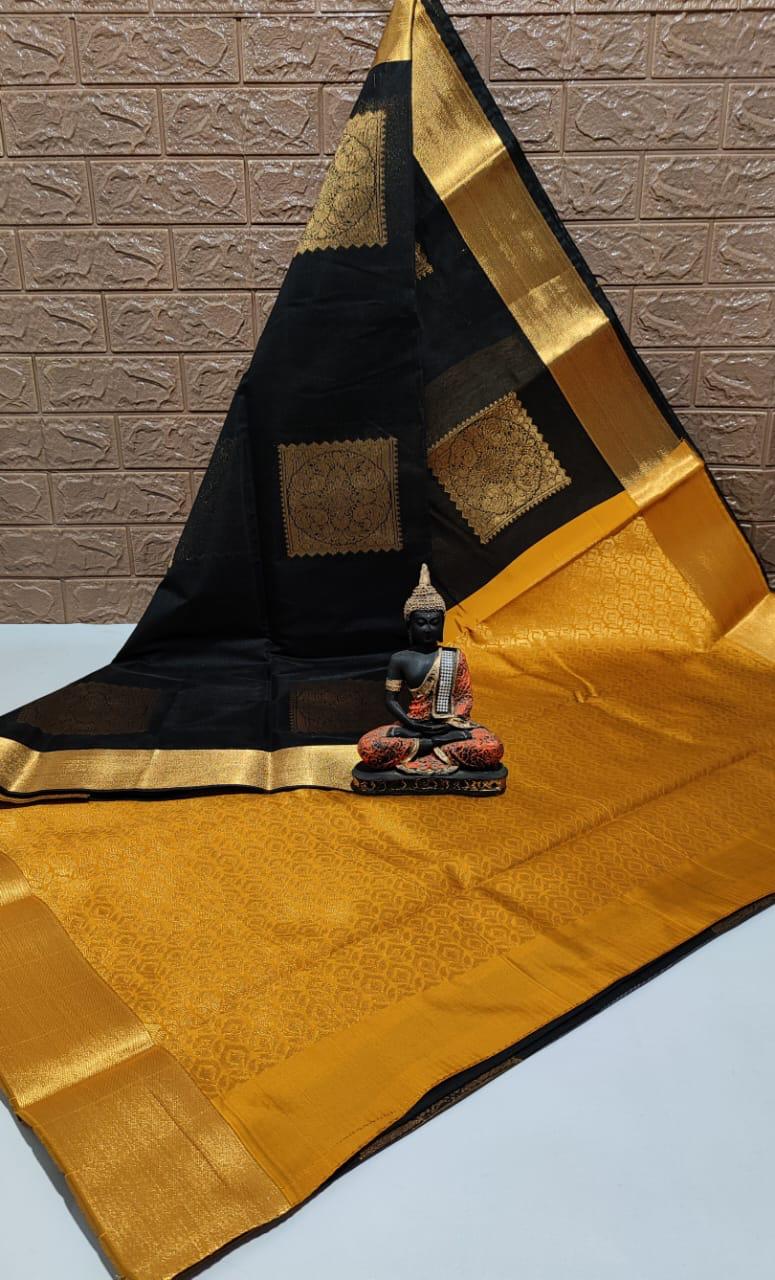 KANCHIPURAM HANDLOOM SILK COTTON SAREE - BLACK