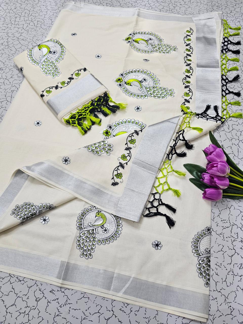 KERALA KASAVU EMBROIDERED COTTON SAREE - SILVER