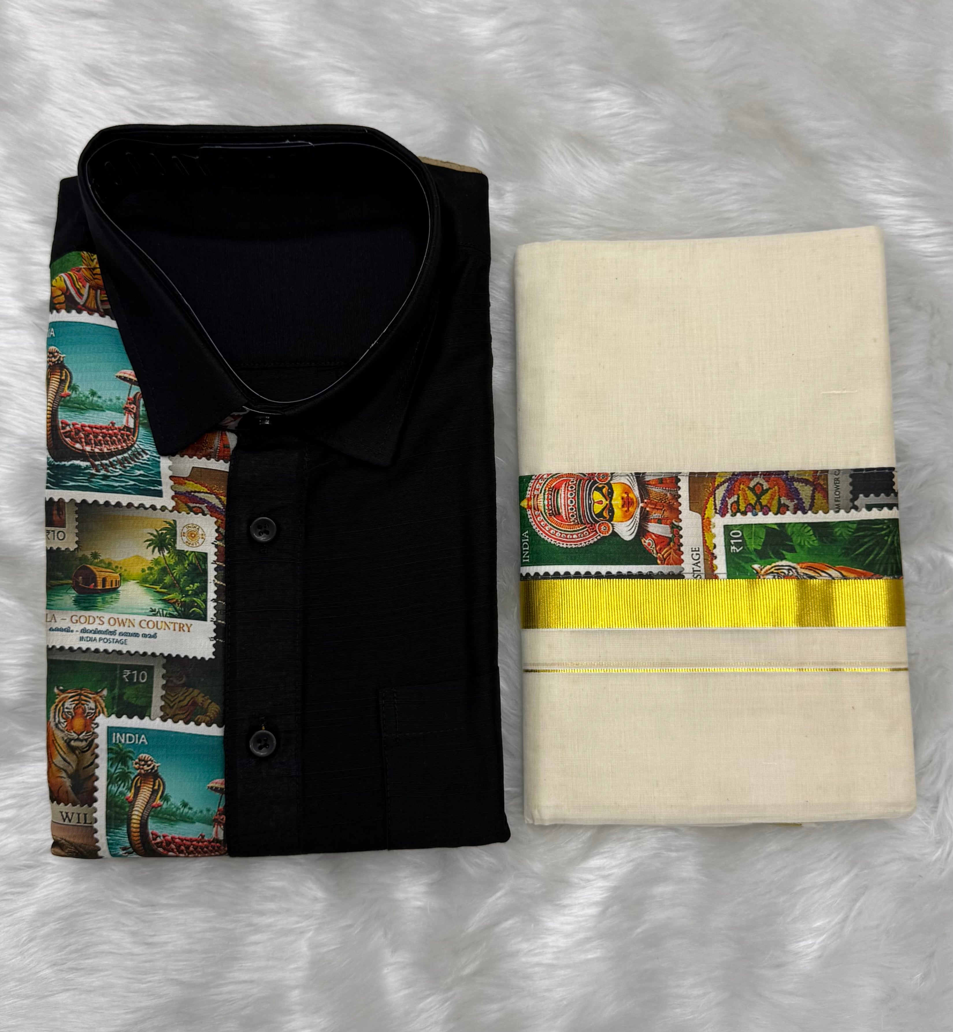ONAM EDIT MEN'S PREMIUM PRINTED SHIRT & MUNDU COMBO - BLACK