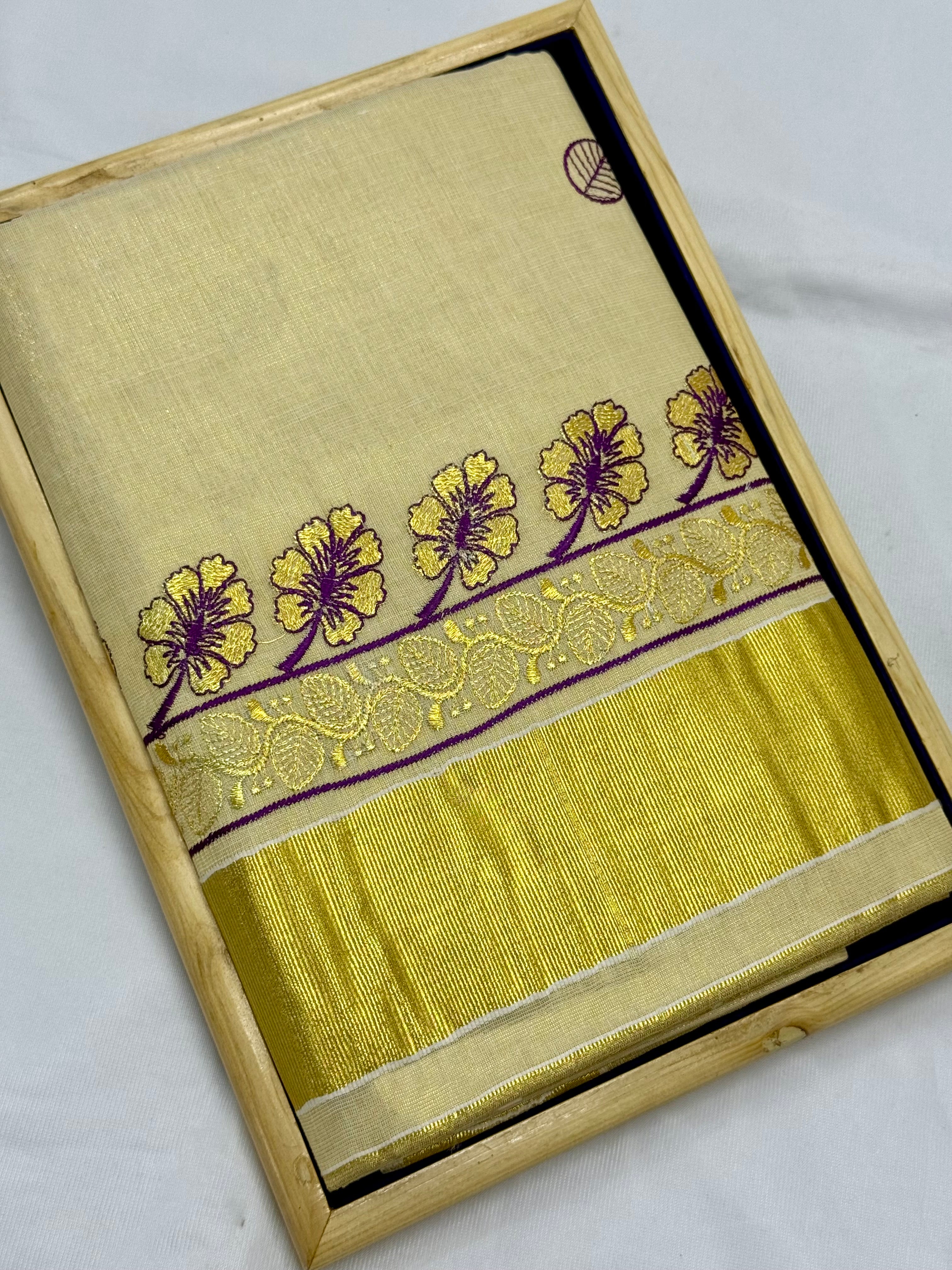KERALA KASAVU TISSUE SILK EMBROIDERY SAREE - (GOLD,CREAM)