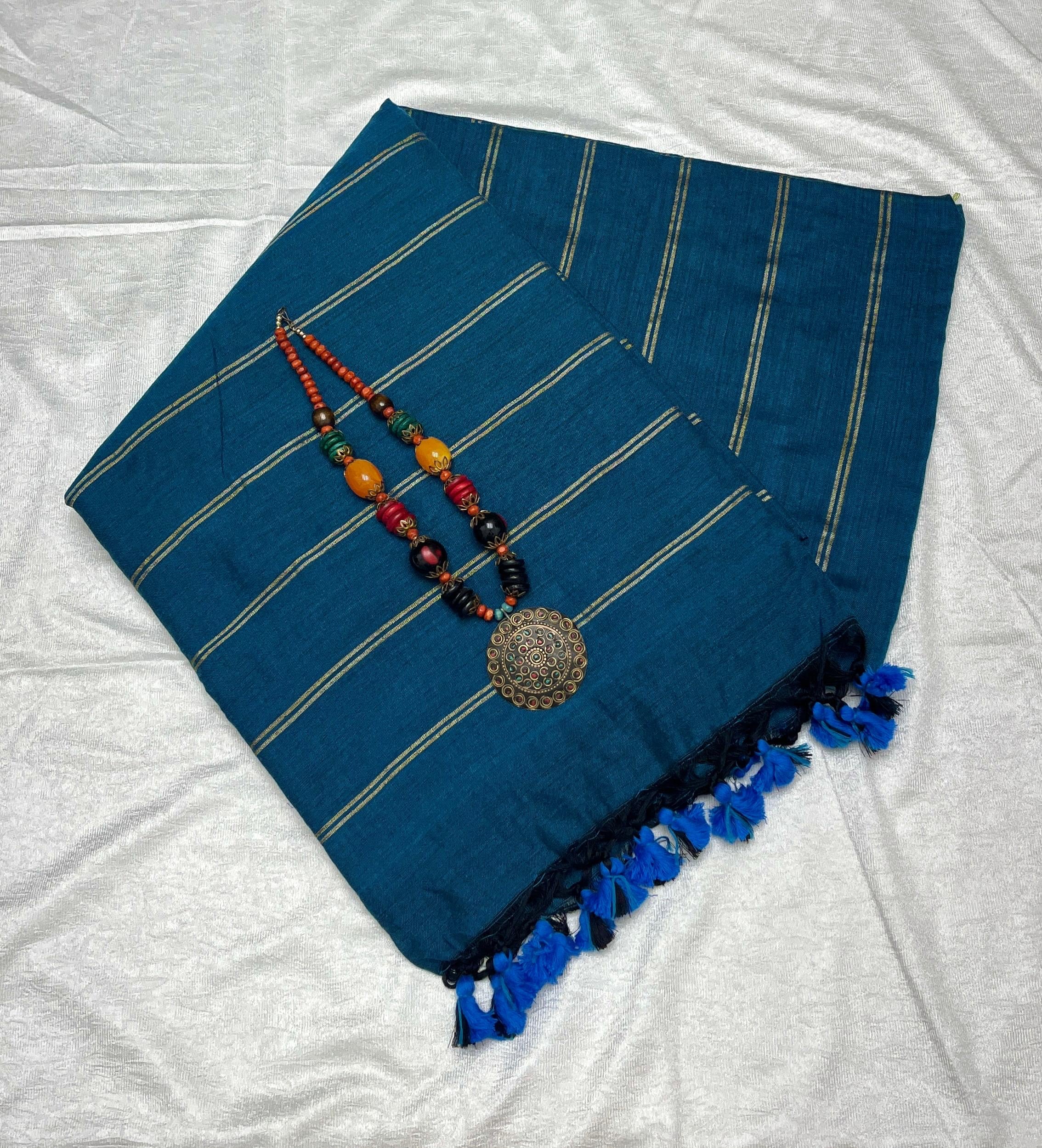 PREMIUM DUAL STRIPE KHADI COTTON SAREES - PRUSSIAN BLUE