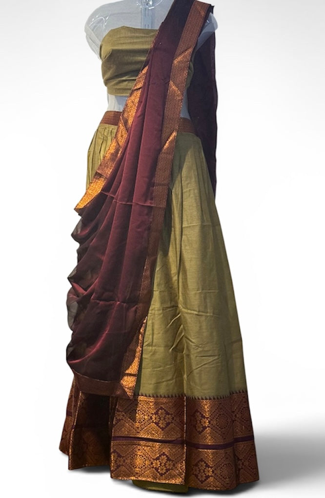 TRADITIONAL ONAM SPECIAL COTTON SILK DHAVANI SET - SAGE OLIVE