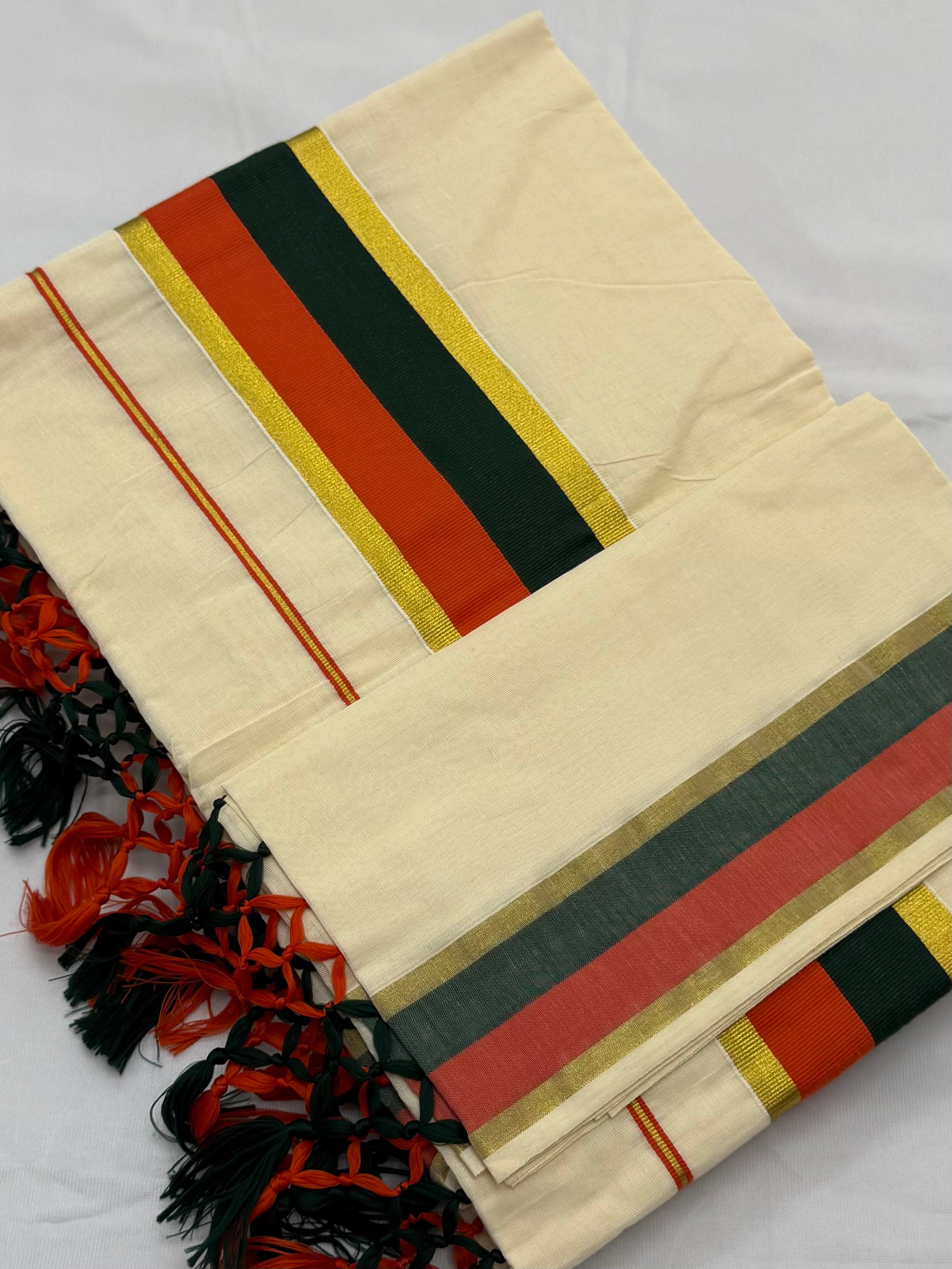 MULTI COLOUR STRIPES GOLDEN KASAVU COTTON SAREE - (OFF WHITE,GOLD)