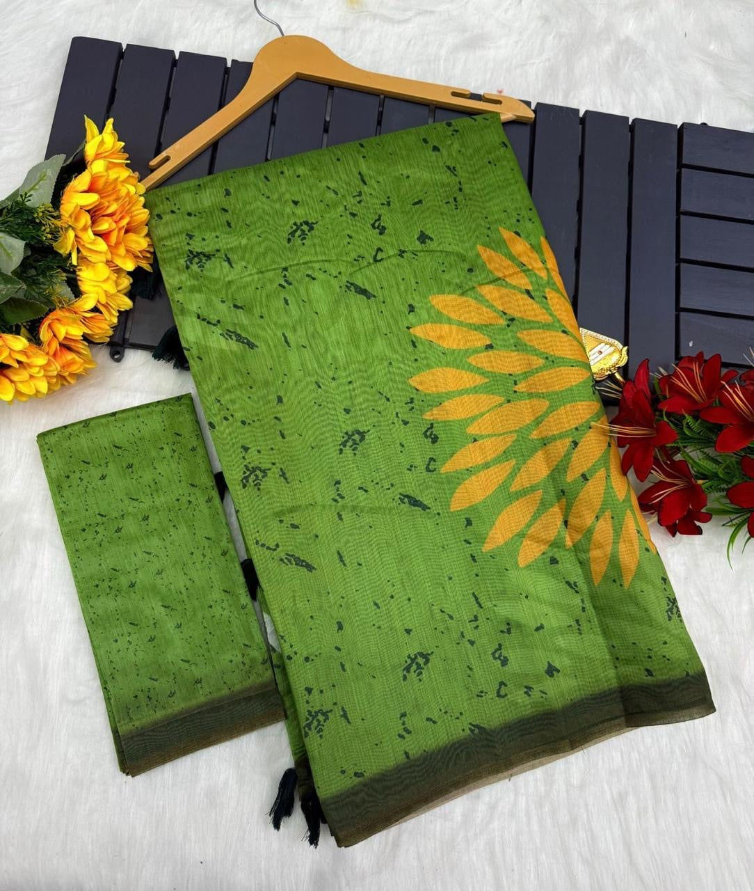 DIGITAL DESIGN CHANDERI SILK SAREE - OLIVE GREEN