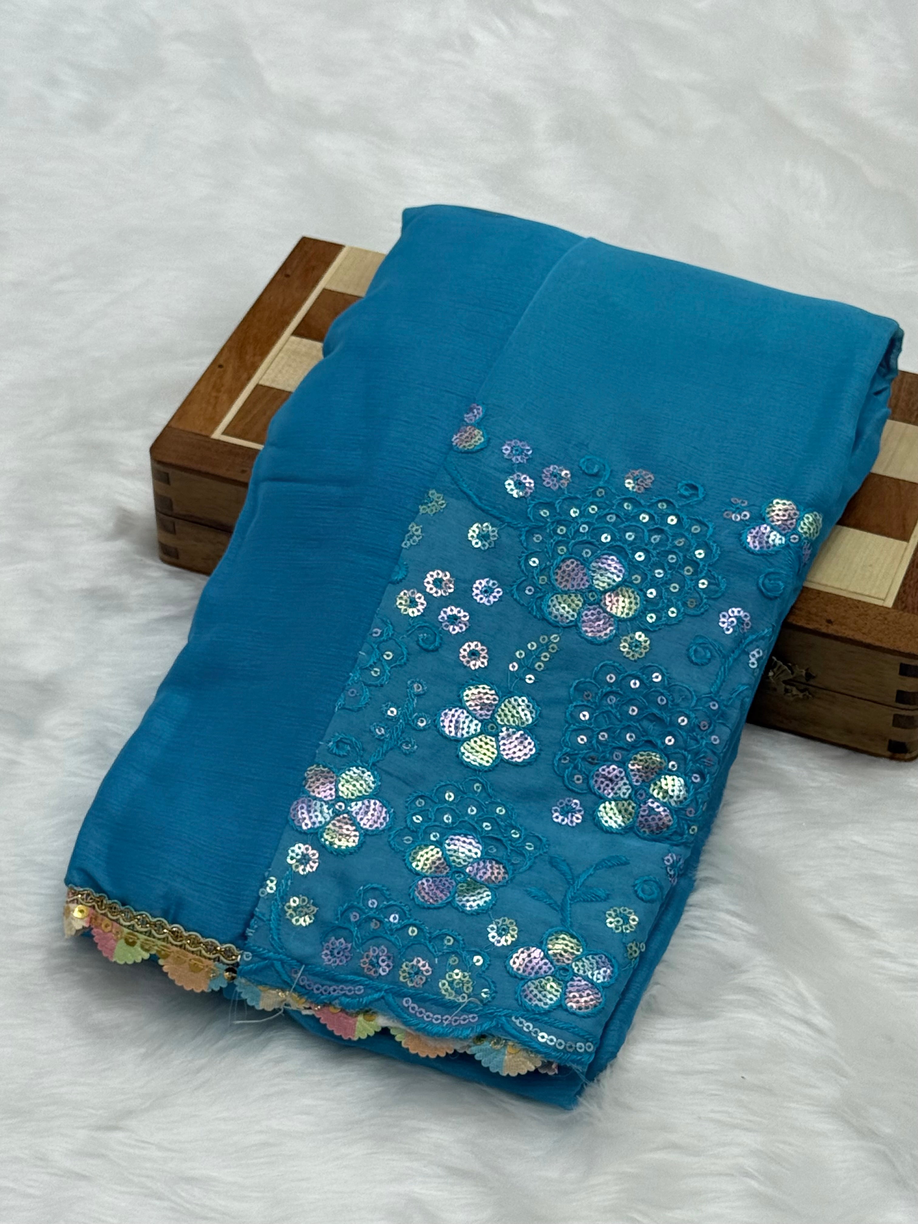 FANCY LACE BORDER CHIFFON SAREE - SKYBLUE