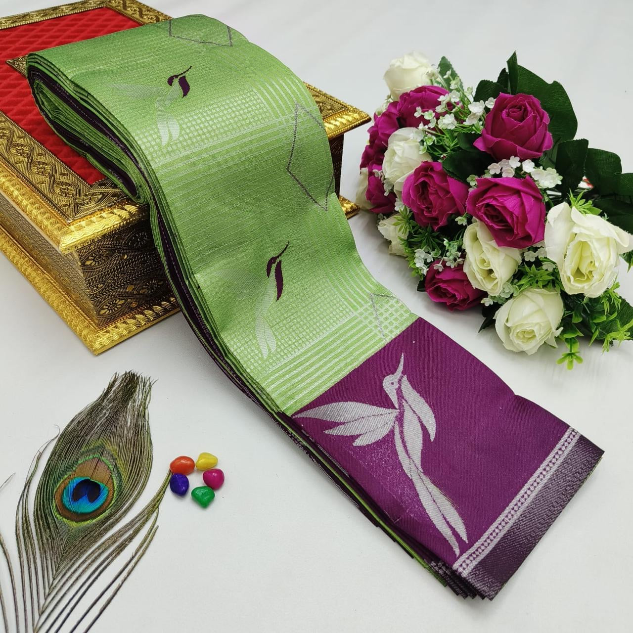 KUBERA KORVAI SILK COTTON SAREE - LIME GREEN