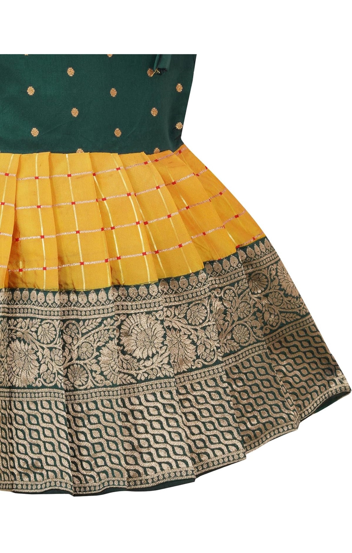 BABY GIRLS PATTU PAVADAI TAPETA SILK FROCK - GREEN & YELLOW
