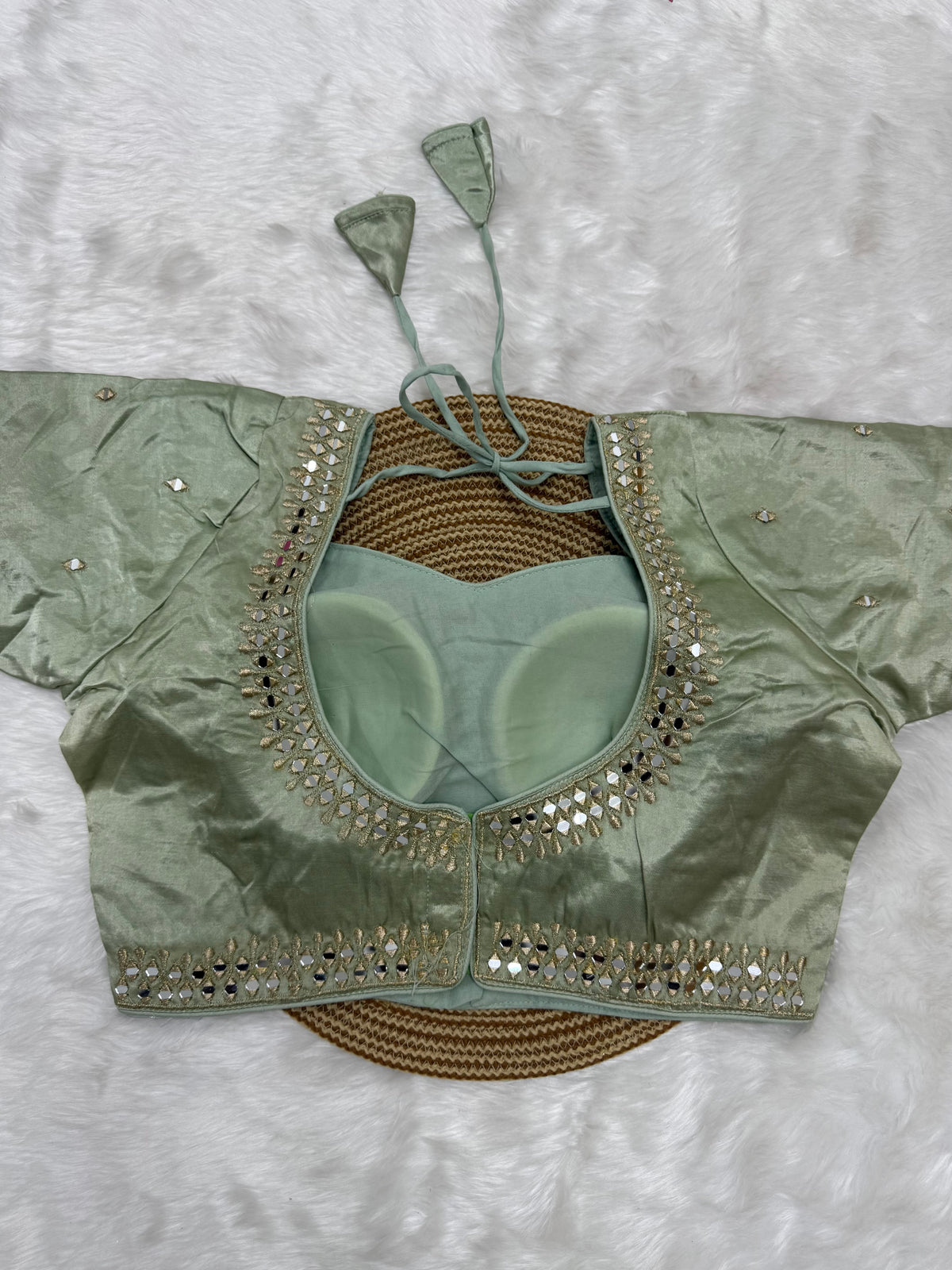 BRIDAL AARI WORK READY TO WEAR SAREE BLOUSE - TEA GREEN