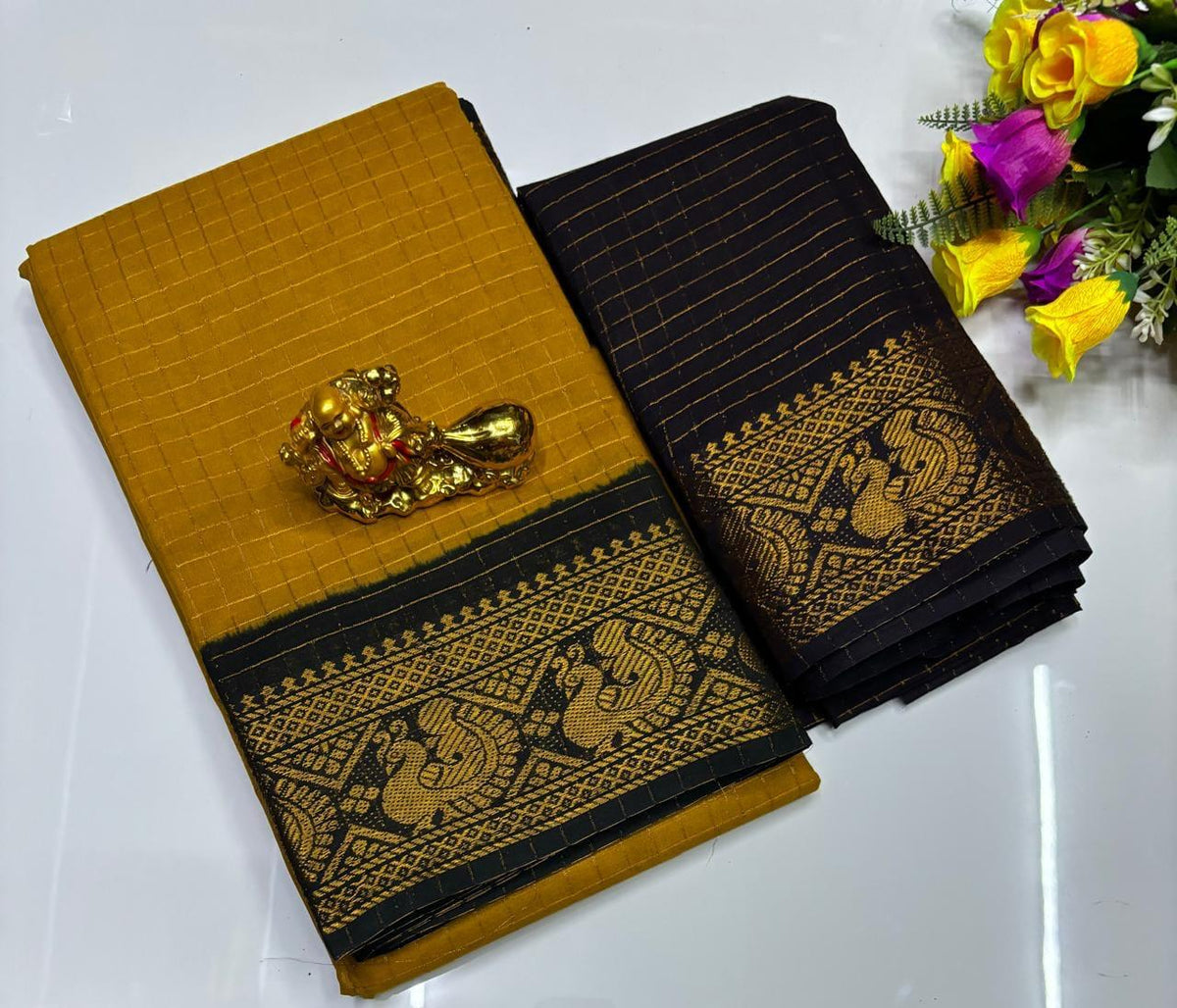 MADURAI VELTHARI SUNGUDI COTTON SAREES - HONEY YELLOW