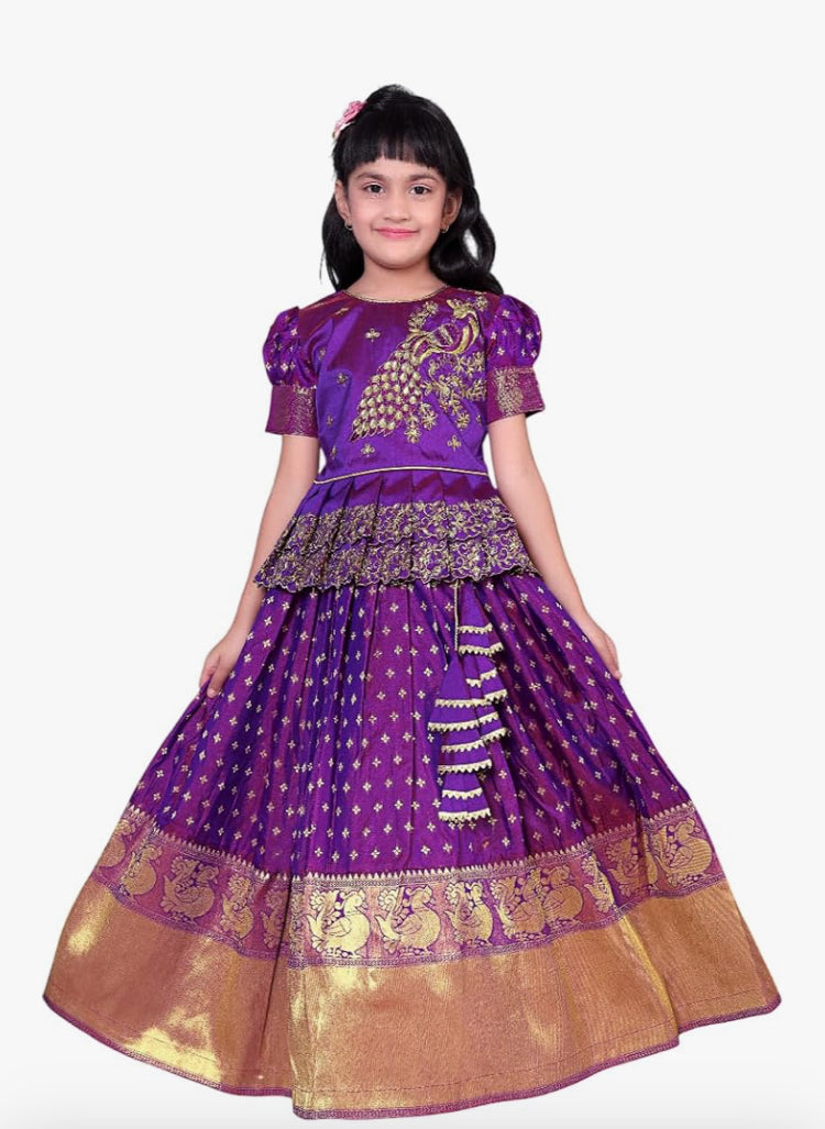 GIRLS SILK BLEND READYMADE PATTU PAVADAI/LEHENGA CHOLI - PURPLE