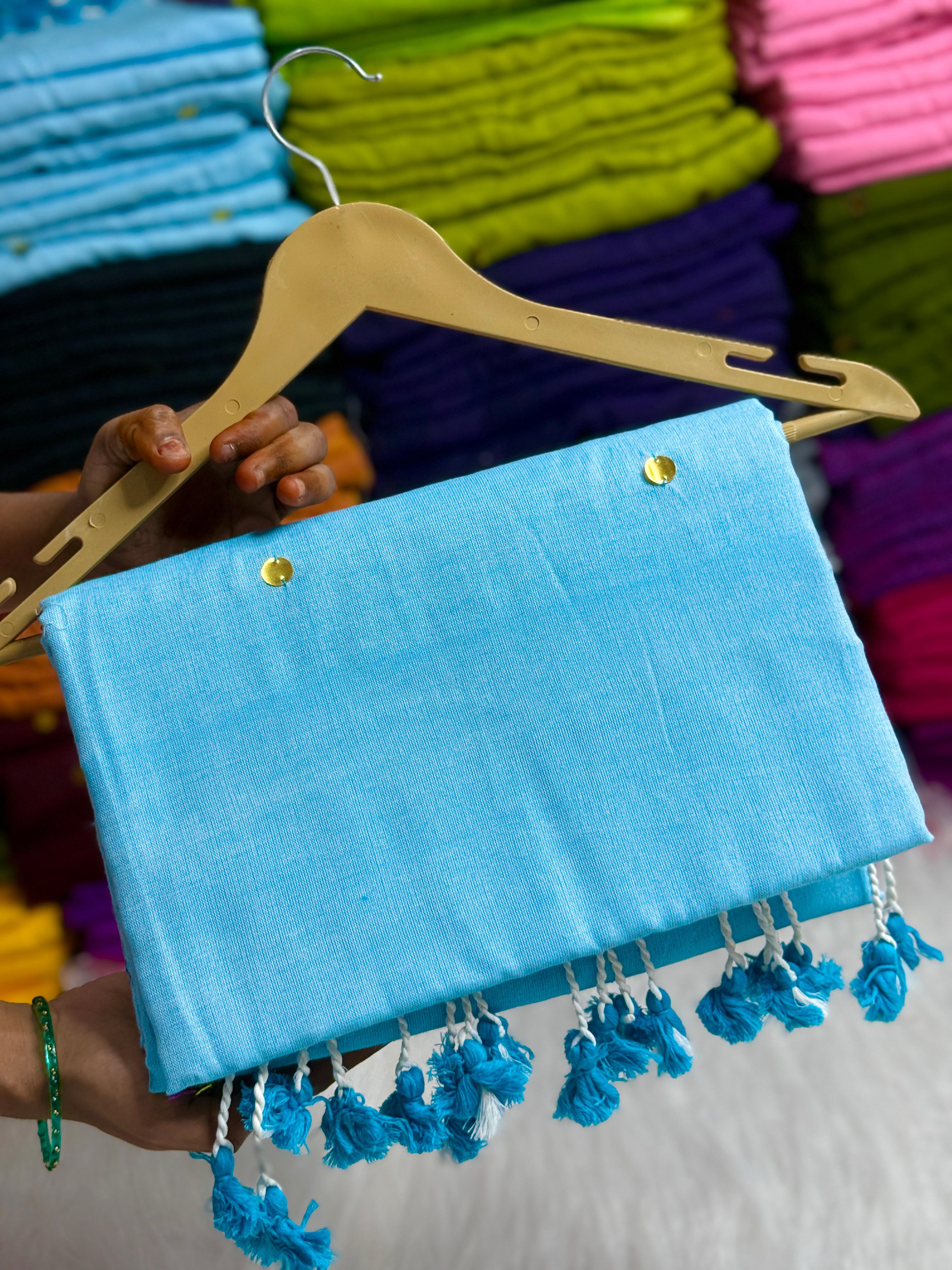 PURE KHADI MIRROR WORK COTTON SAREES - SKYBLUE