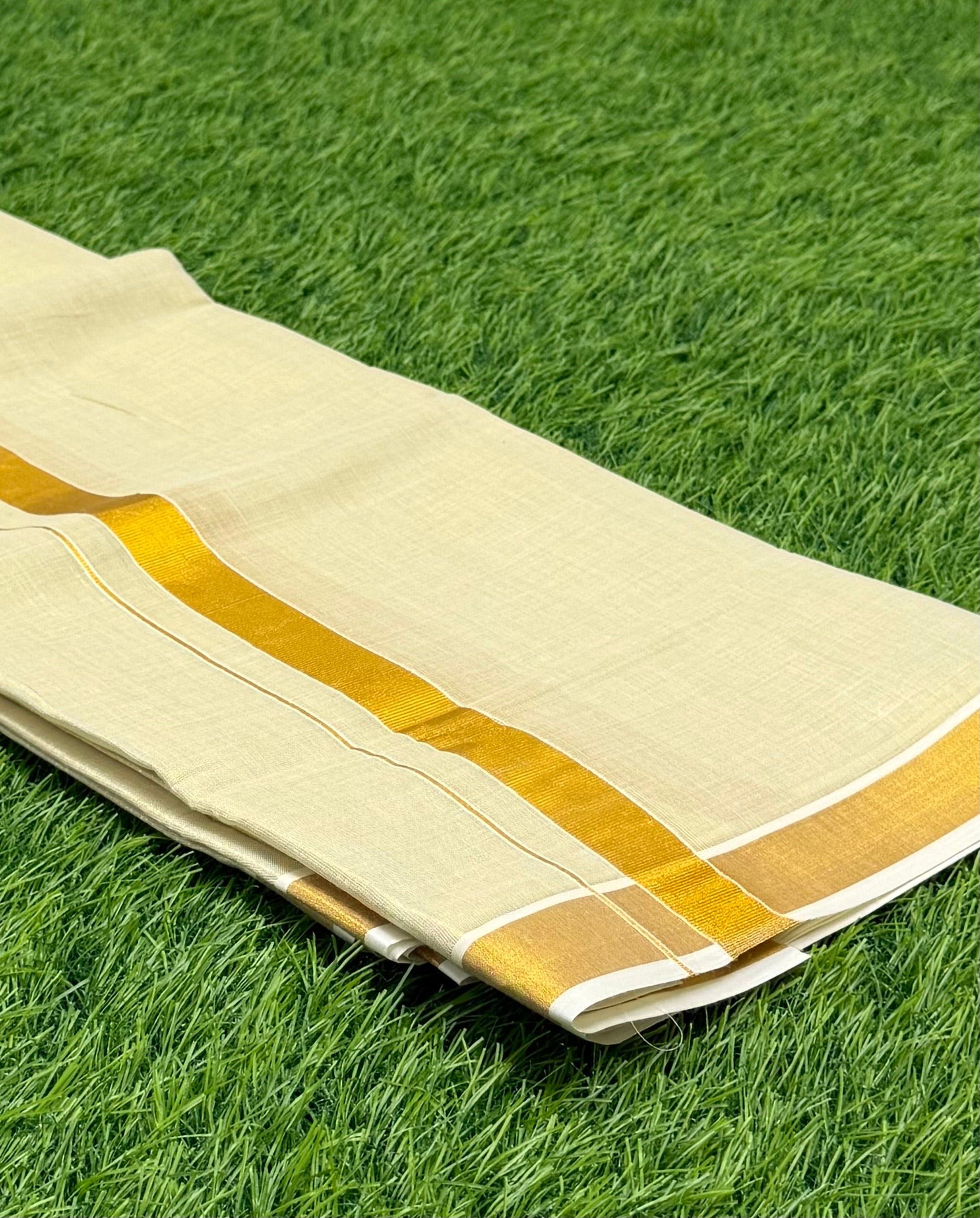 MEN'S PREMIUM TISSUE DOUBLE DHOTI CREAM WITH GOLD ZARI BORDER 1''