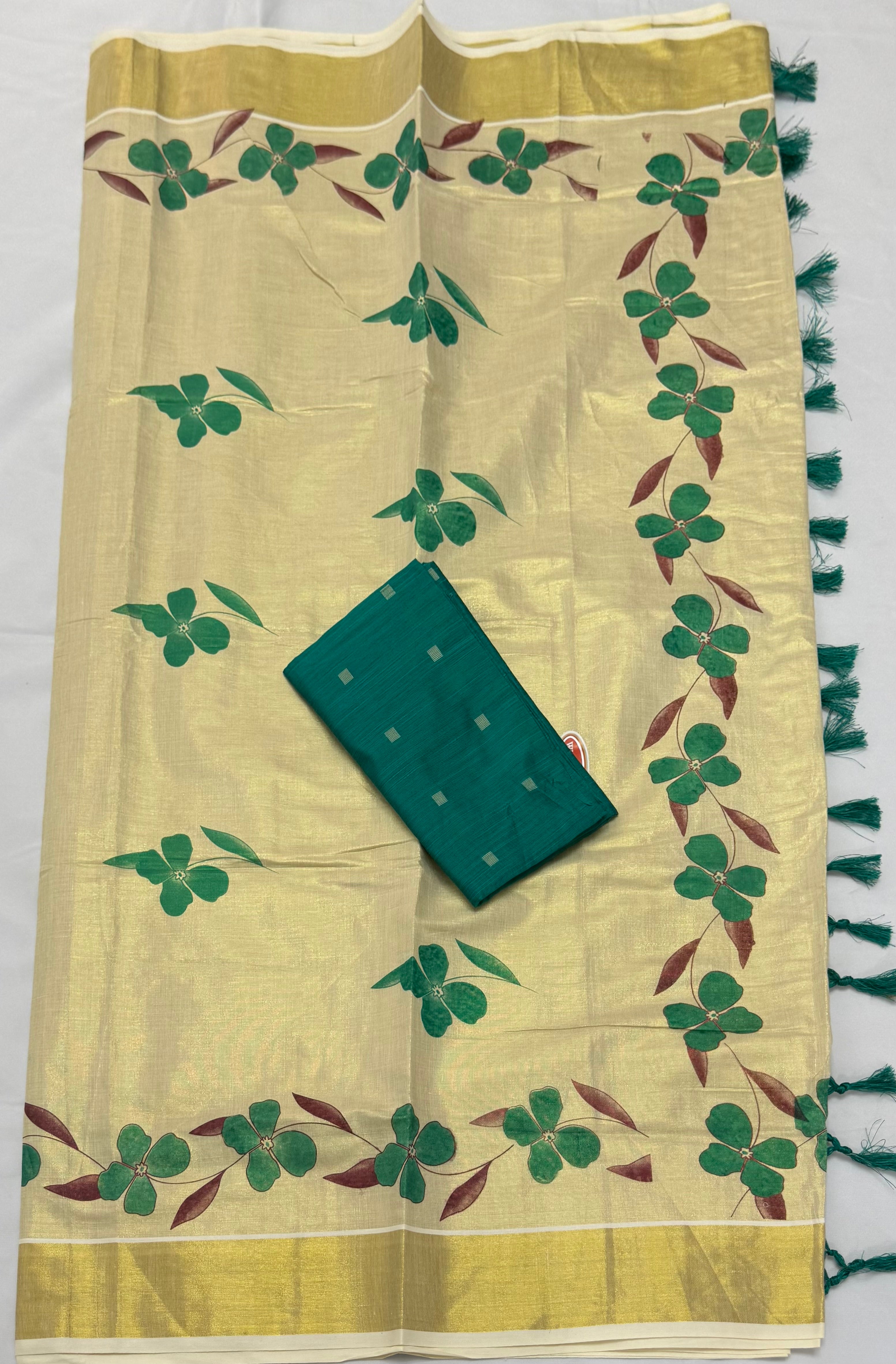 FLORAL PRINTED KASAVU TISSUE SAREE WITH BLOUSE PIECE 1M - (GOLD,CREAM,TEAL)