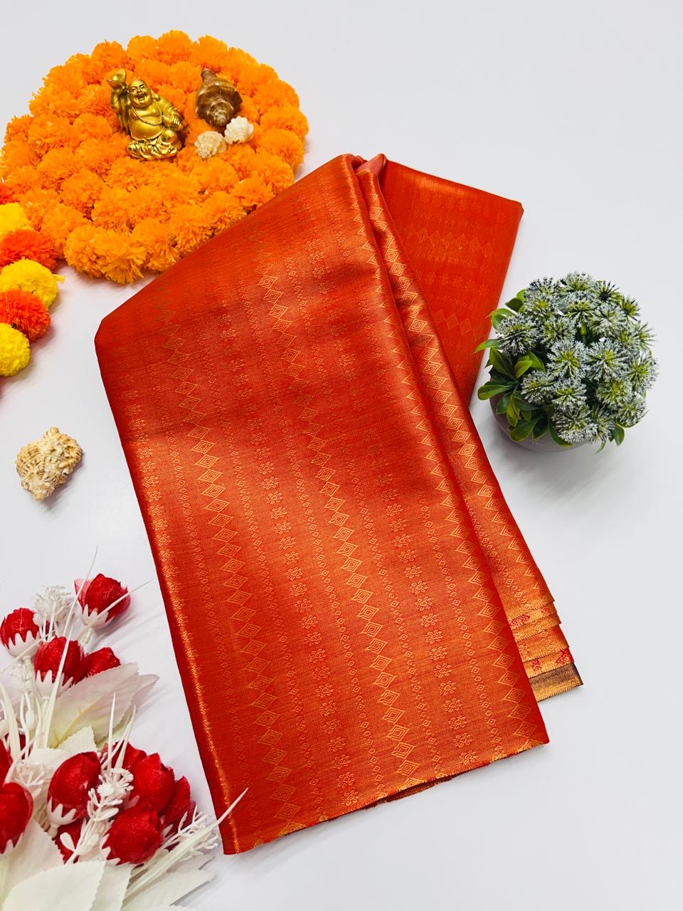 SEMI SILK JACQUARD SOFT TISSUE SAREES - ORANGE