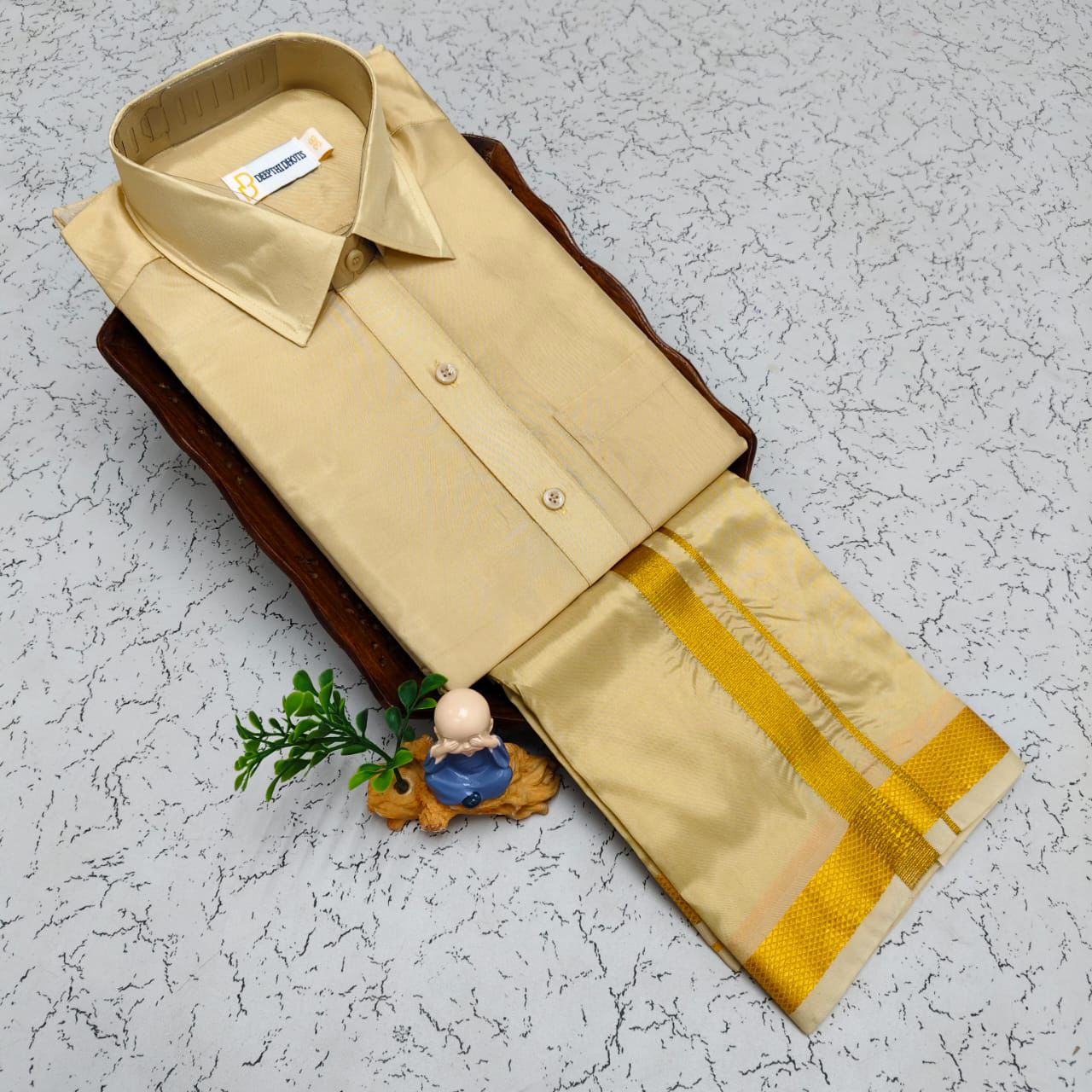 MEN'S PREMIUM SILK VELCRO DHOTI SHIRT SET - SANDAL GOLD