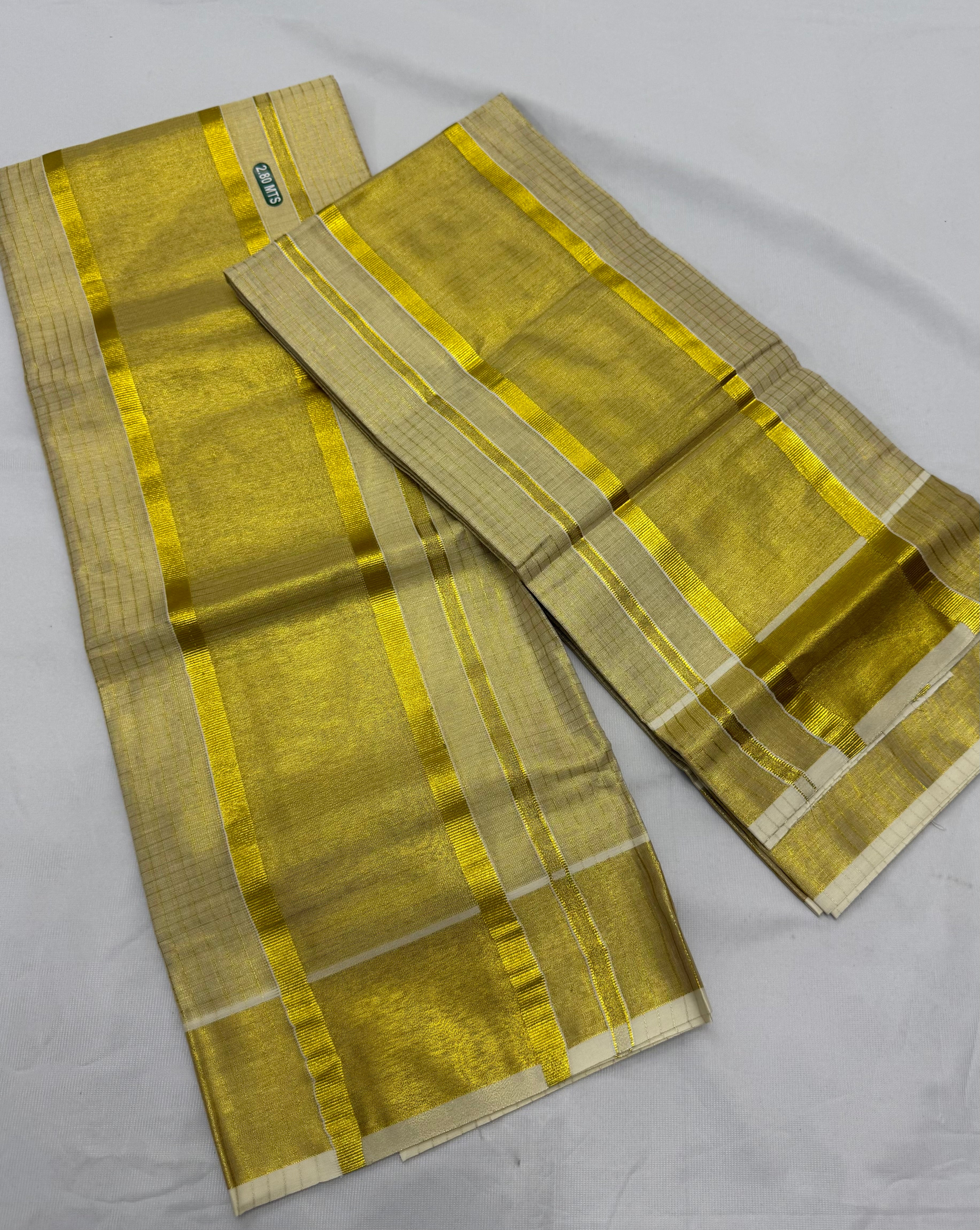 PREMIUM CHECKED TISSUE SINGLE SET MUNDU (MUNDUM NERIYATHUM) - 2 X 2.80 MTRS - (CREAM,GOLD)