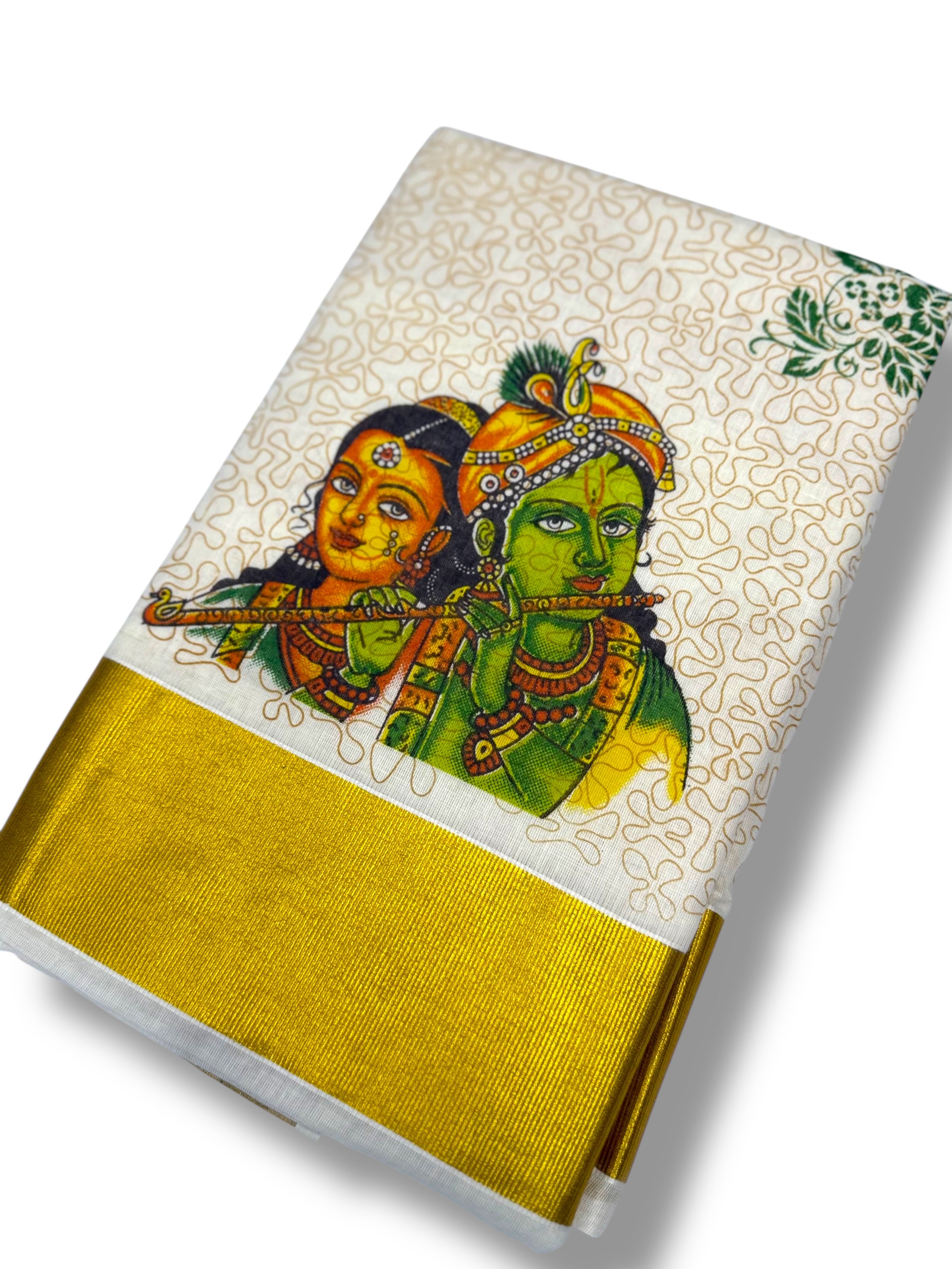 RADHA KRISHNA PRINTED KASAVU COTTON SAREE (GOLD)