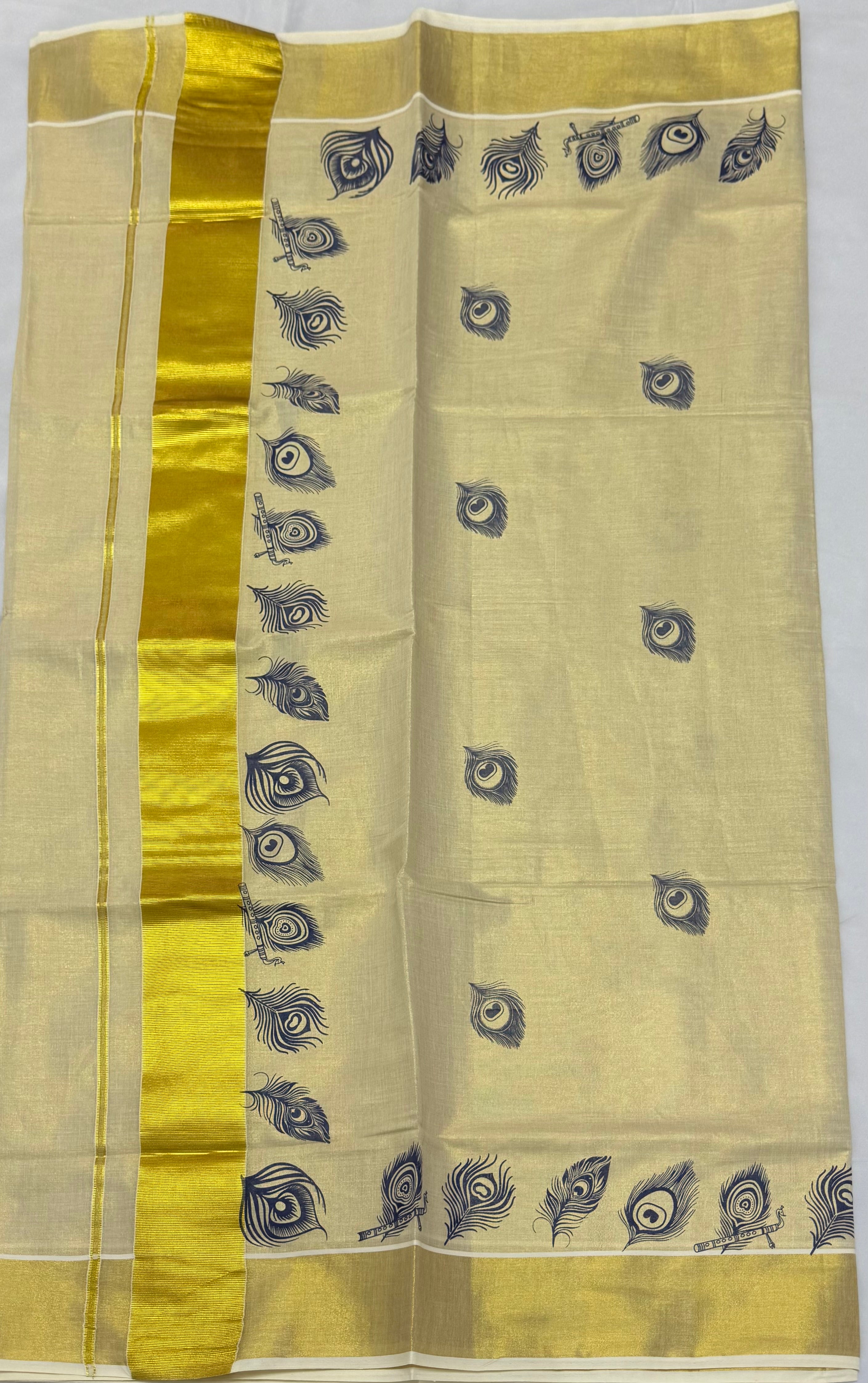 MURAL ART KASAVU TISSUE KERALA SAREE (GOLD,CREAM)