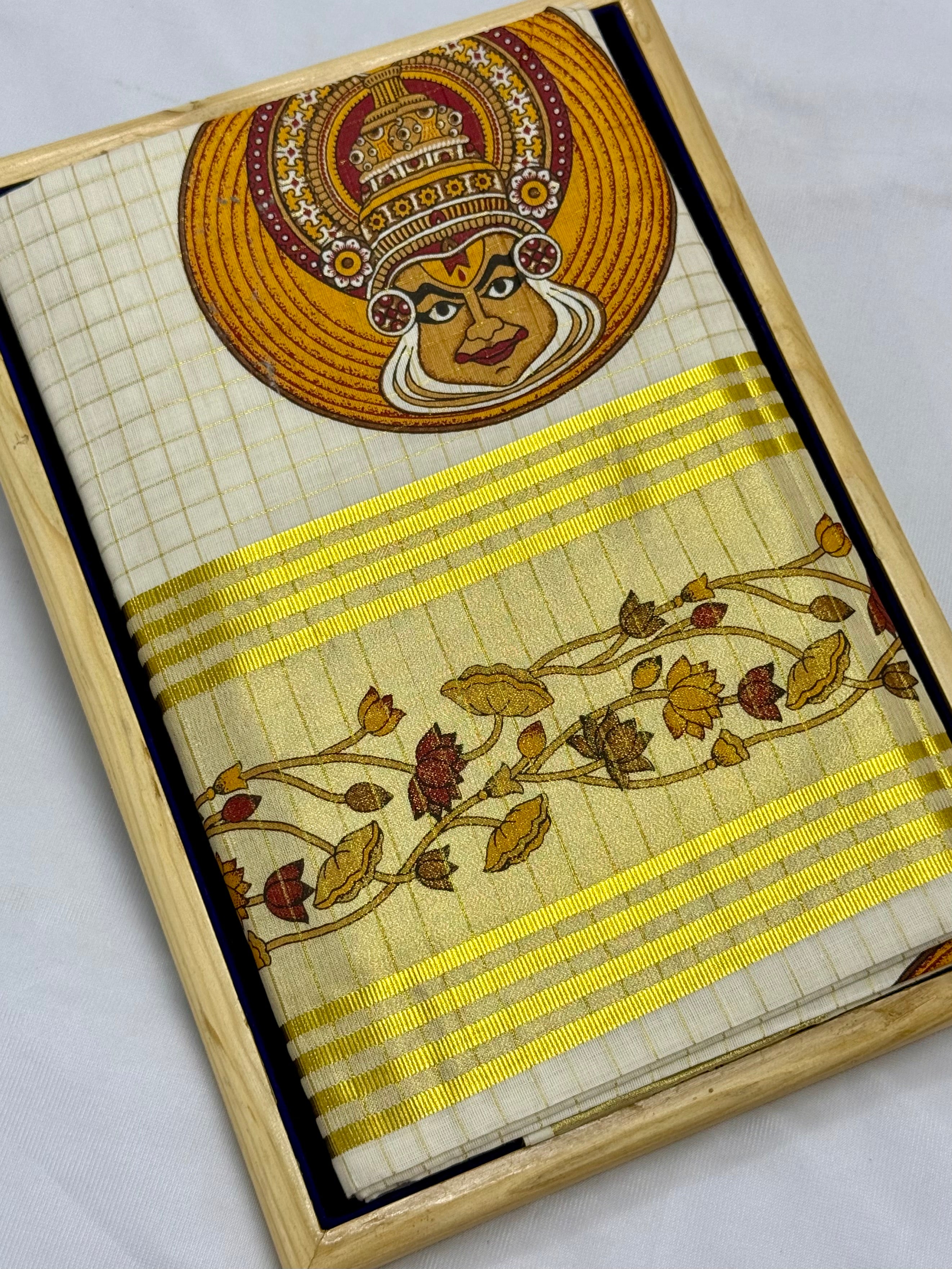 TRADITIONAL KATHAKALI PRINTED KASAVU TISSUE(OFFWHITE,GOLD)