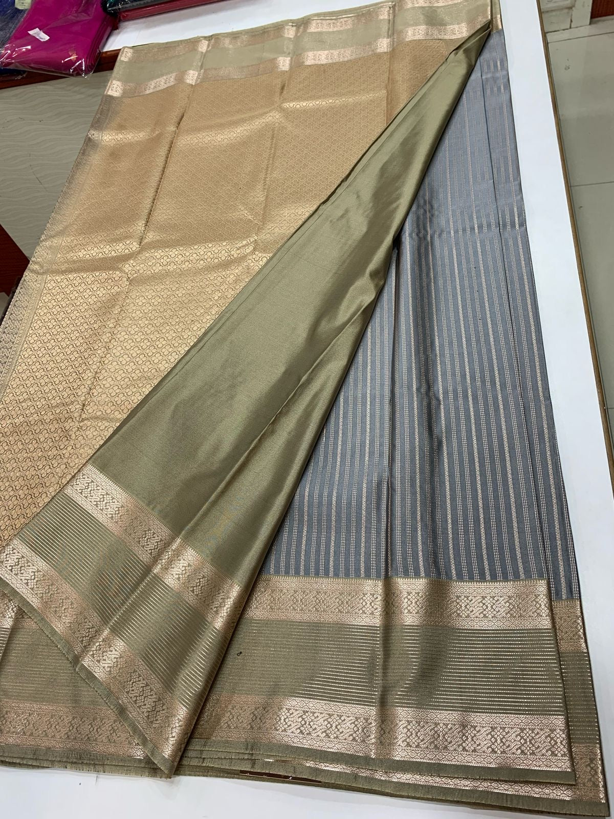 SEMI KANCHI SILK SAREE - GREY & SAGE GREEN