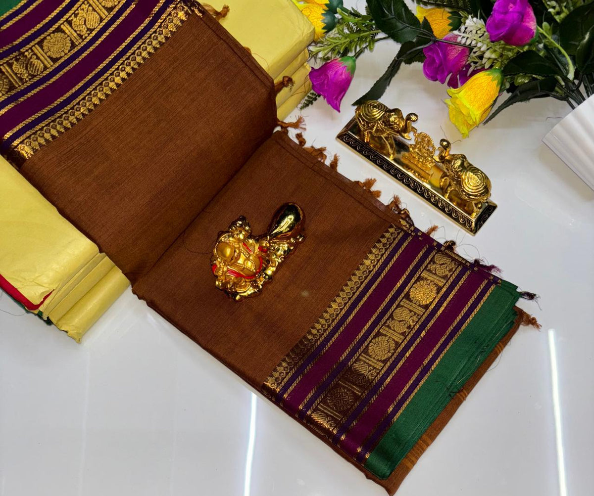 PURE KANCHI COTTON SAREES - CHESTNUT BROWN
