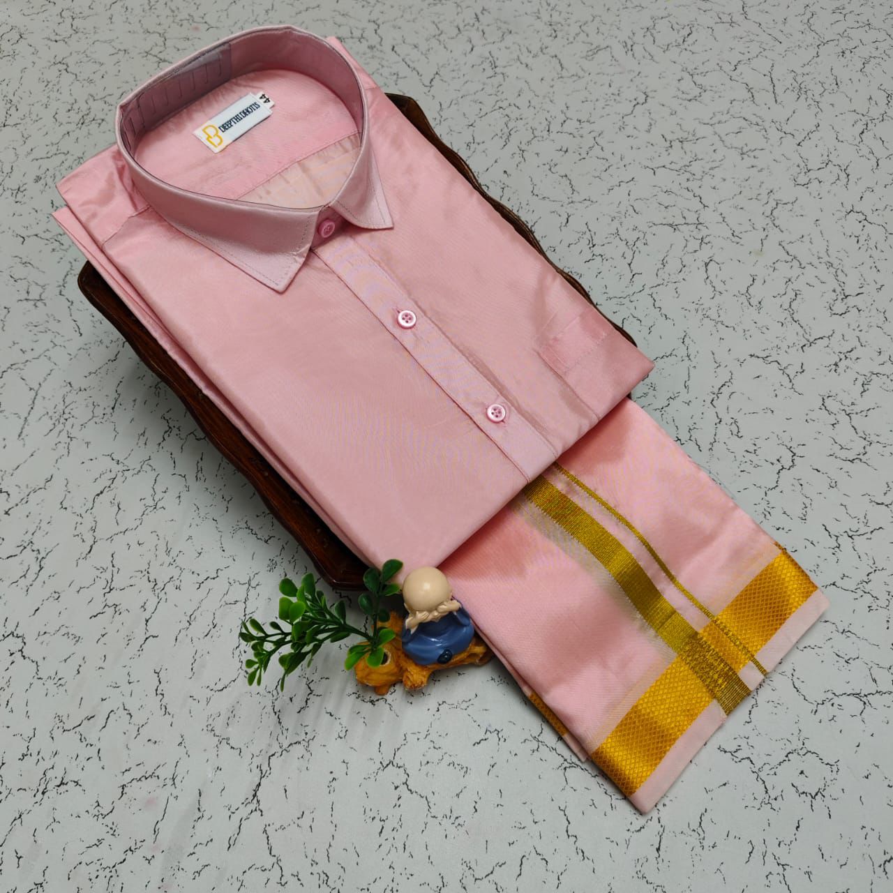 MEN'S PREMIUM SILK VELCRO DHOTI SHIRT SET - PASTEL PINK