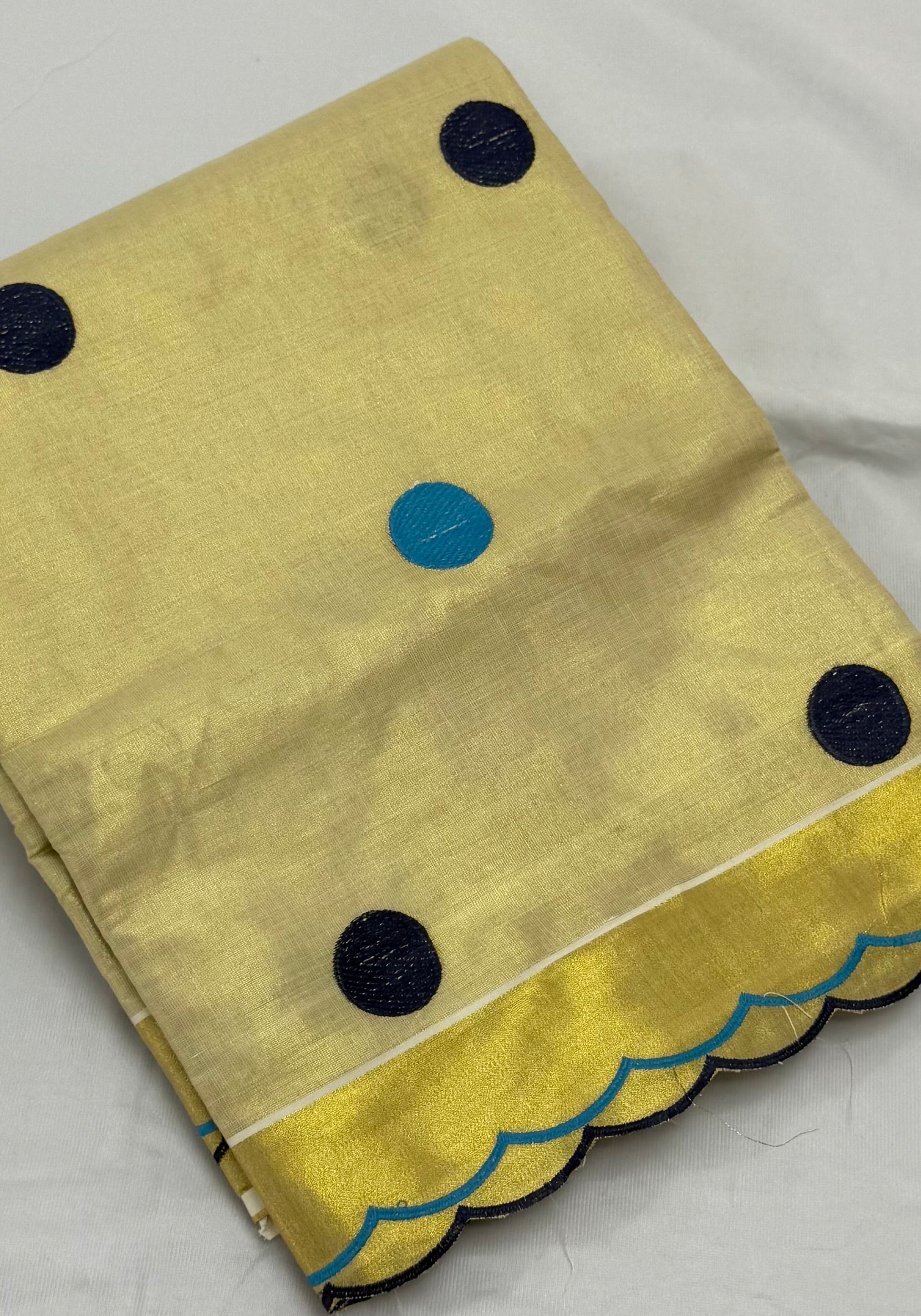 EMBROIDERED LACE WORK KASAVU TISSUE SAREE - (BLUE,CREAM,GOLD)