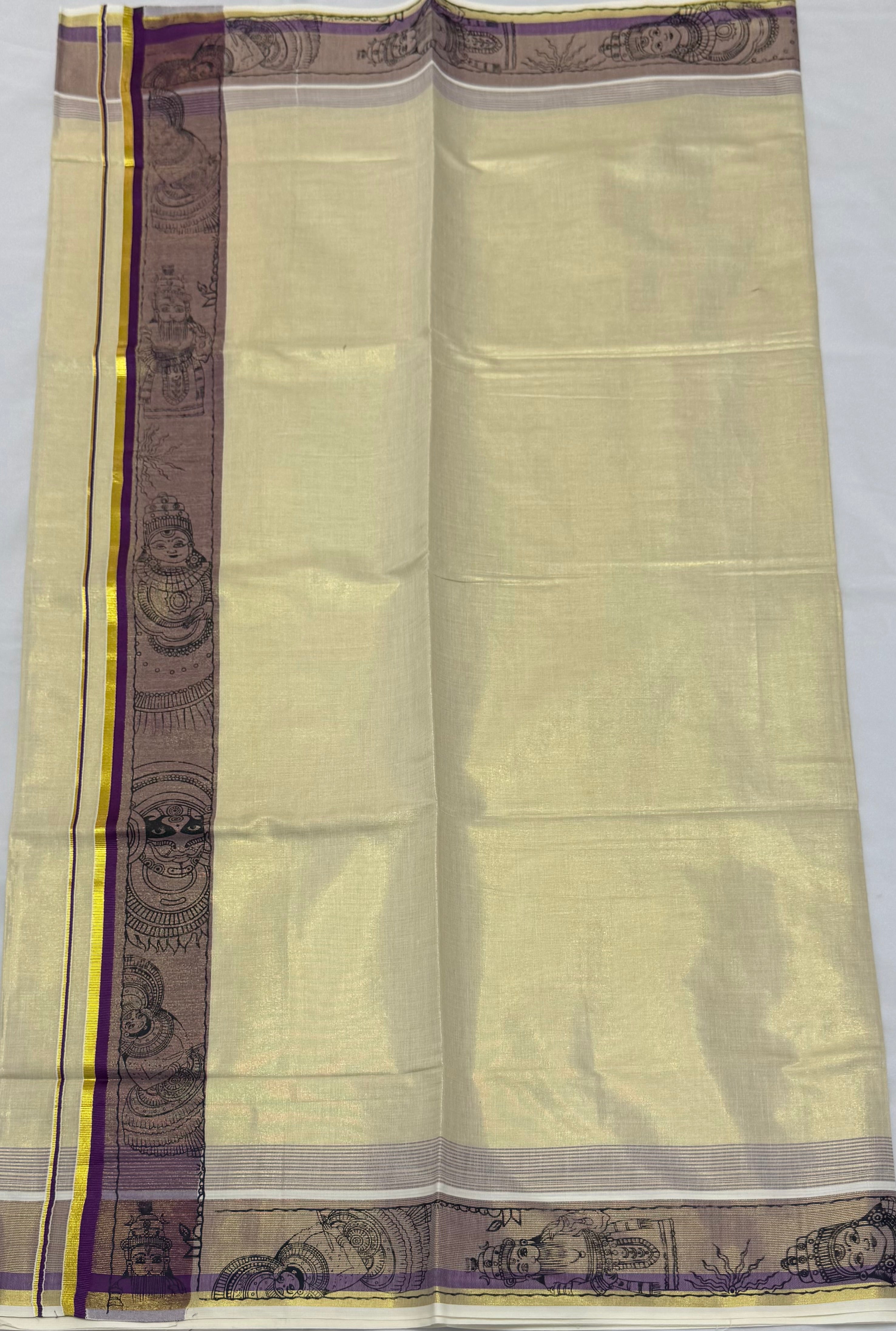 TRADITIONAL ART KASAVU TISSUE KERALA SAREE (GOLD,CREAM,VIOLET)