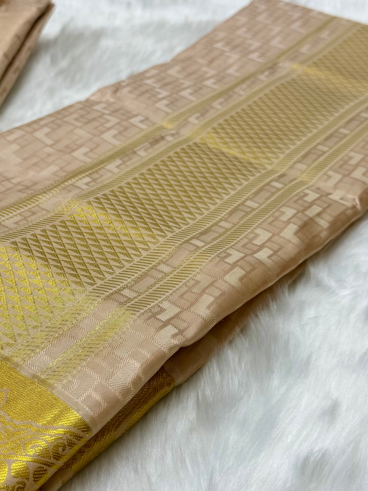 COPPER COLOURED SEMI SILK WEDDING SHIRT, DHOTI, FEATURING A GOLD ZARI BORDER - VELCRO