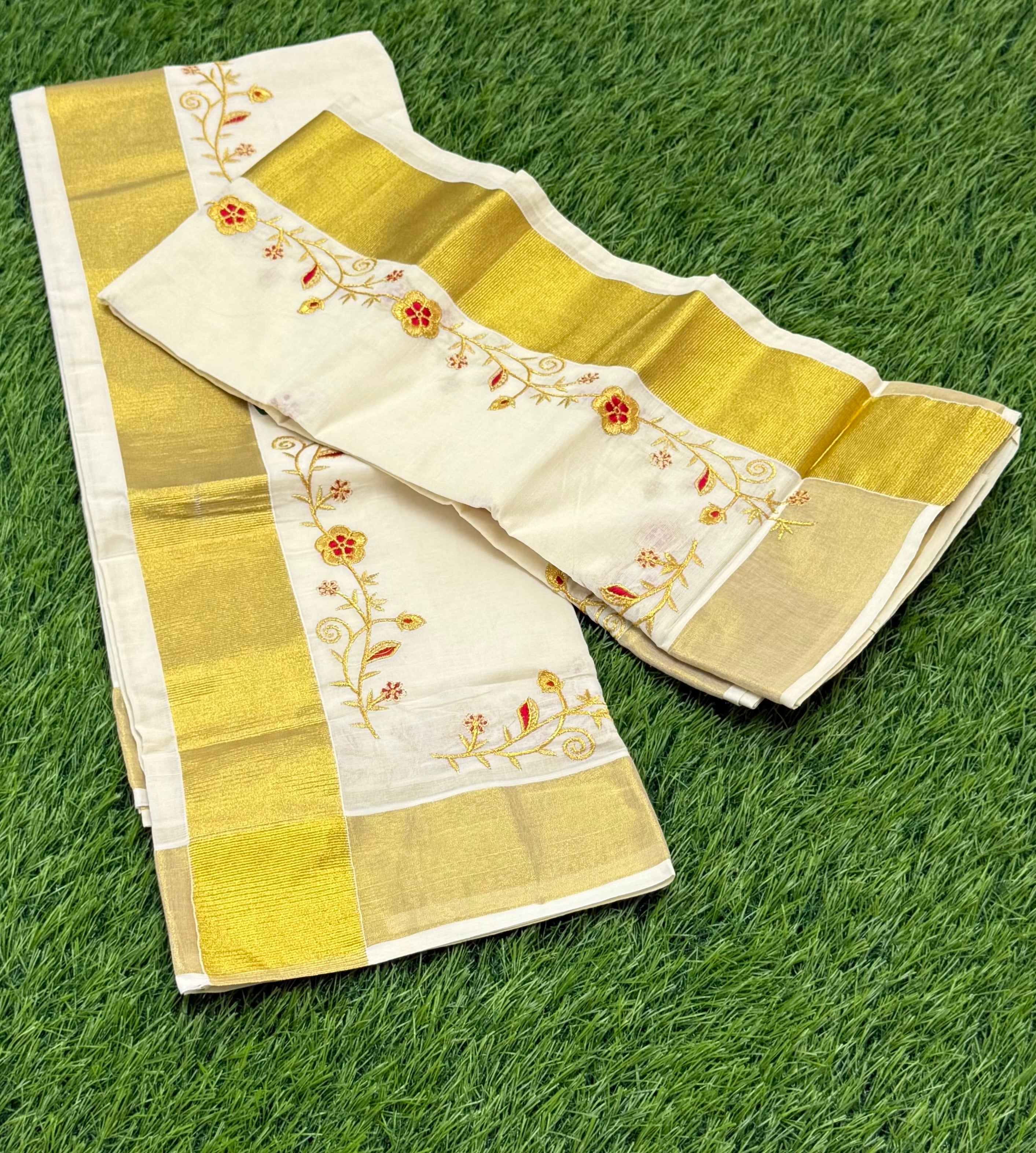 KASAVU EMBROIDERY SINGLE SET MUNDU (MUNDUM NERIYATHUM) - 2 X 2.80 MTRS - (OFF WHITE,GOLD)