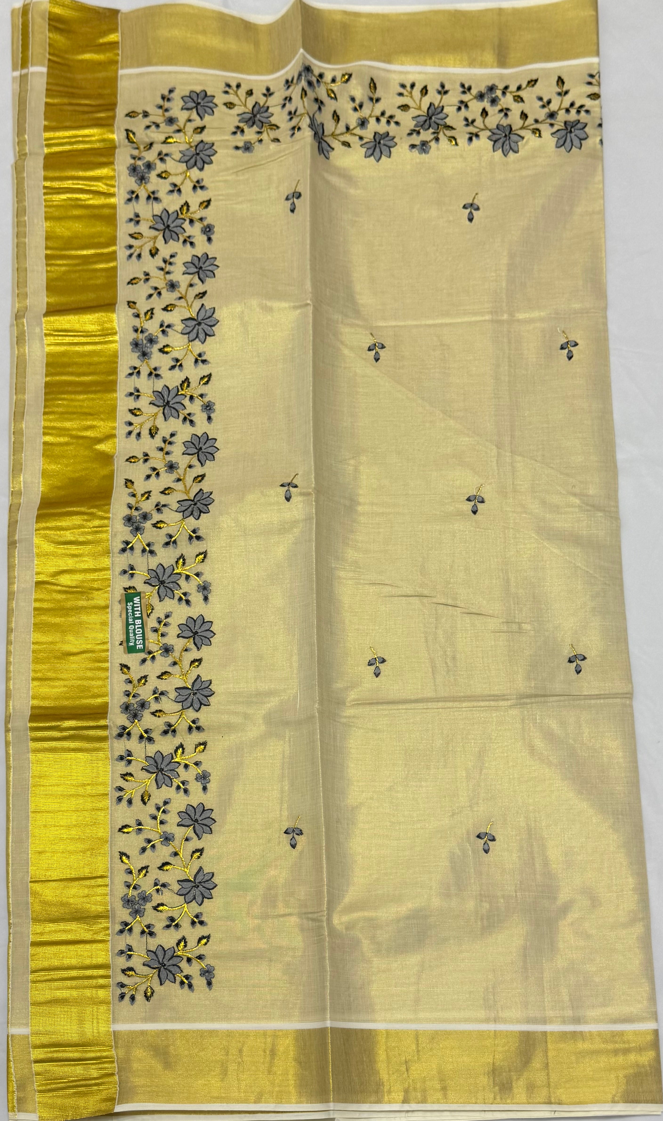 KERALA KASAVU TISSUE SILK EMBROIDERY SAREE - (GOLD,CREAM)