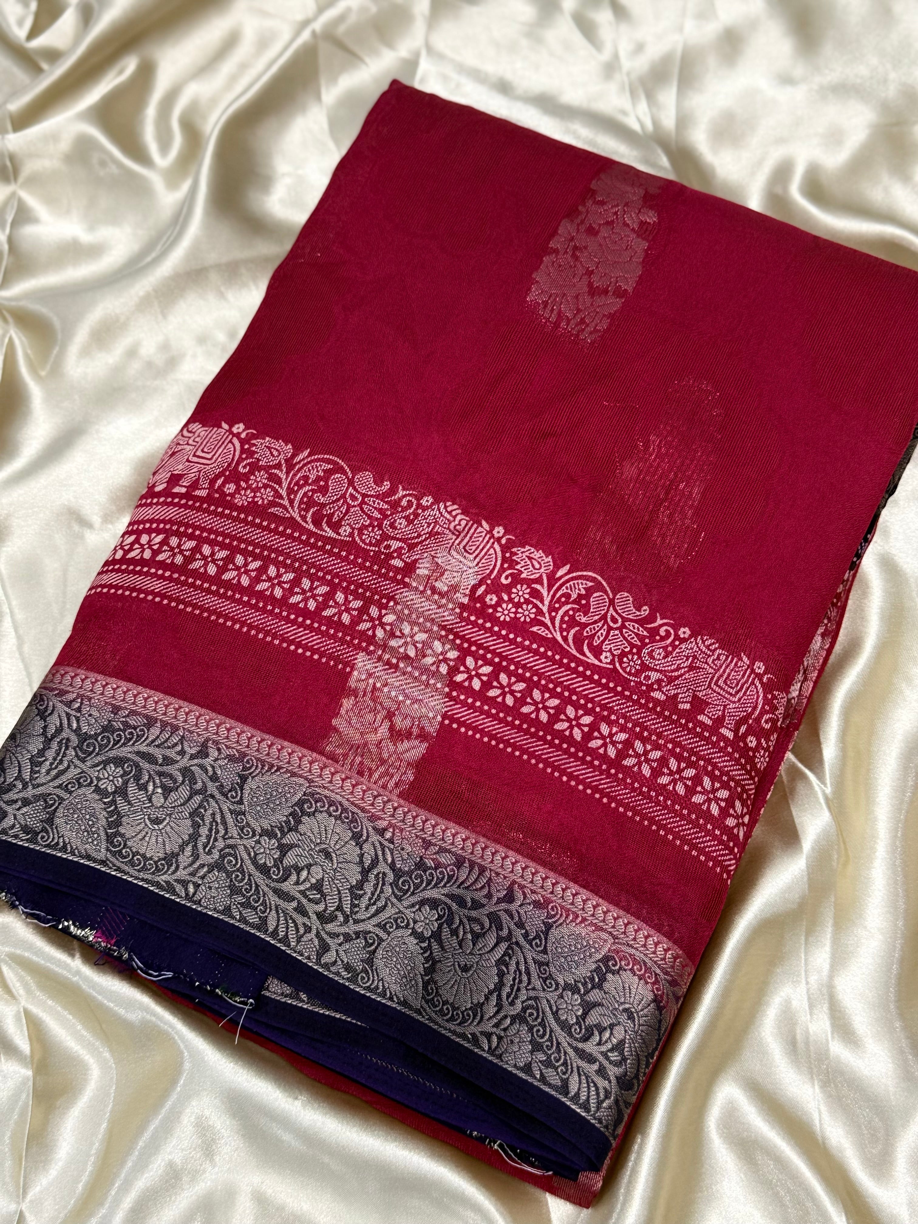 DUPION GEORGETTE SAREE - DEEP PINK
