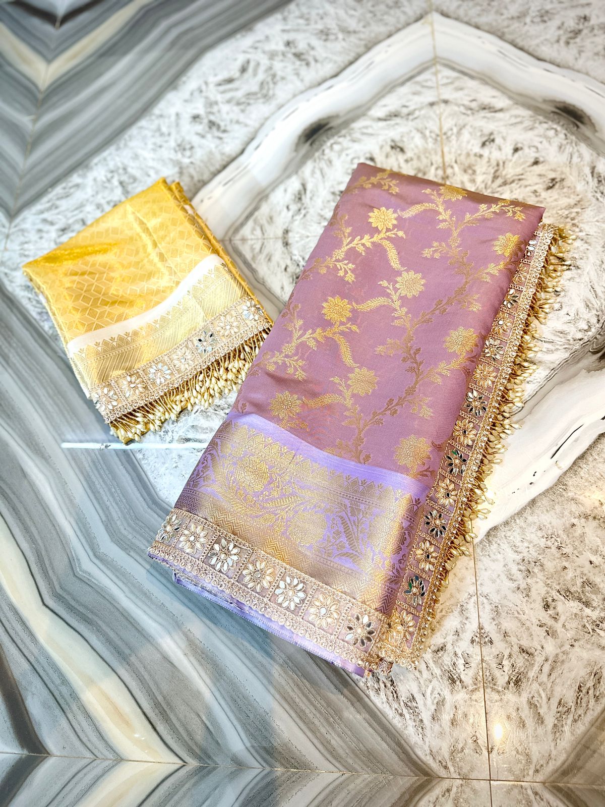 GRAND LACE WORK BANARASI TISSUE SILK SAREE - LAVENDER