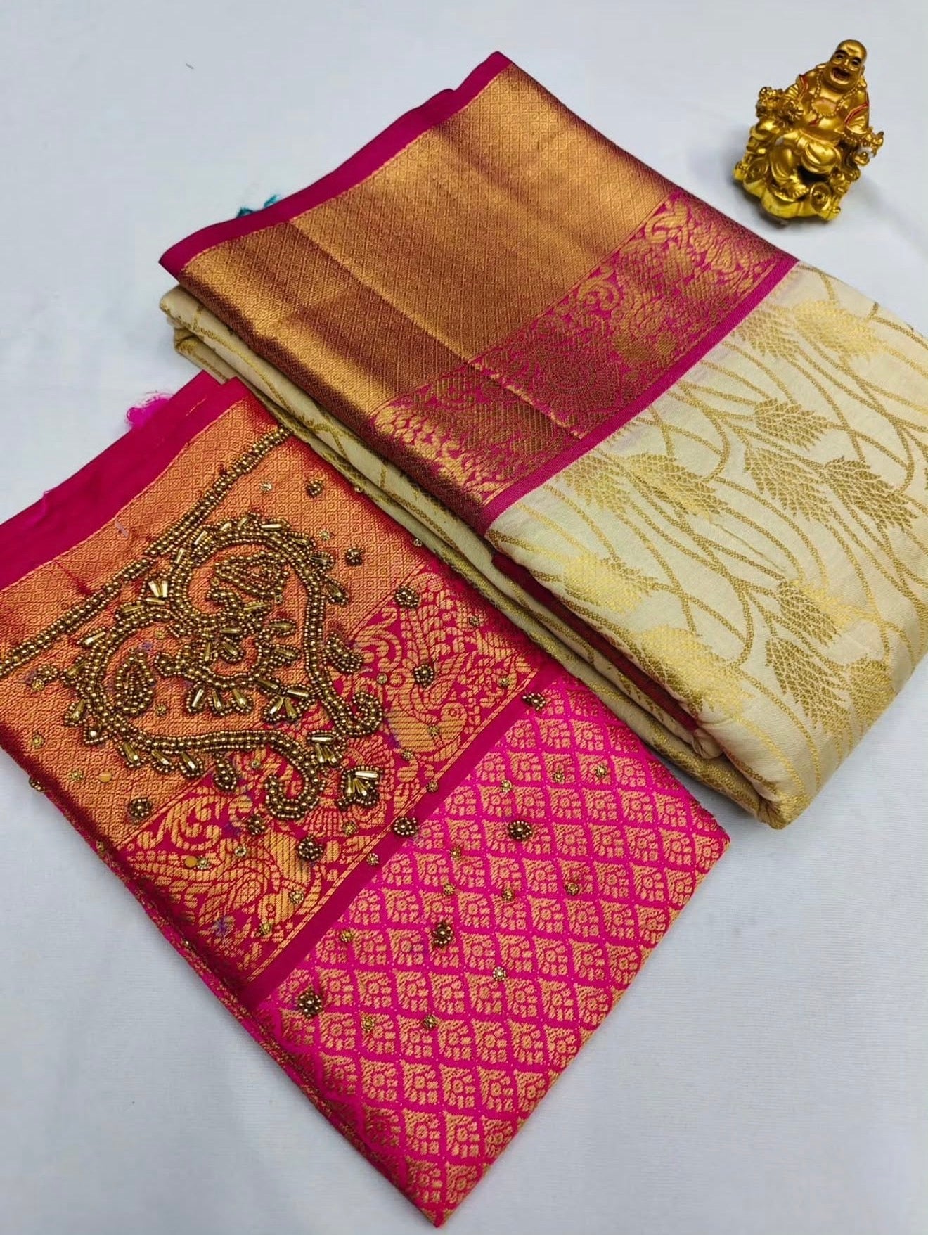 PREMIUM BANARASI SILK SAREE WITH WORK BLOUSE - CREAM