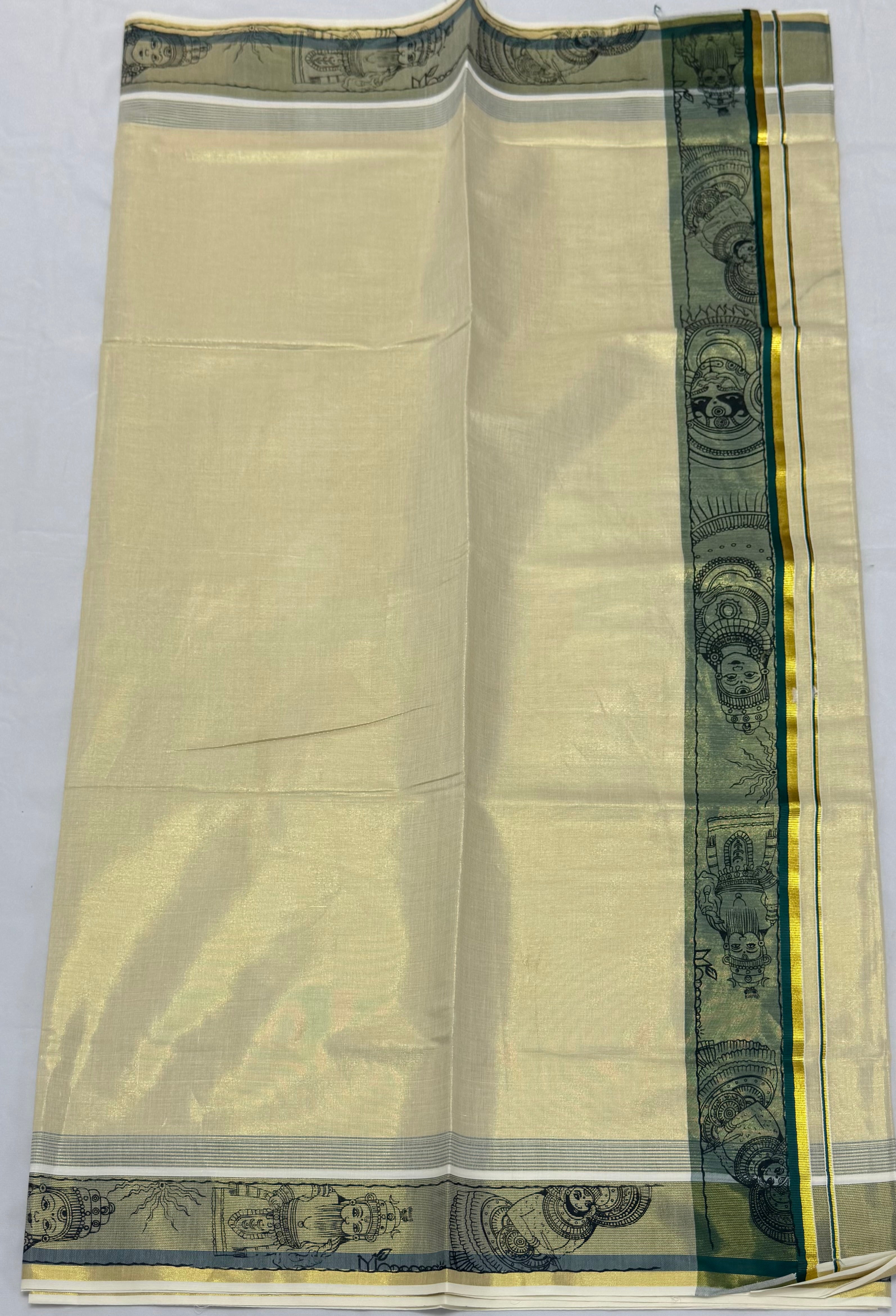 TRADITIONAL ART KASAVU TISSUE KERALA SAREE (GOLD,CREAM,GREEN)