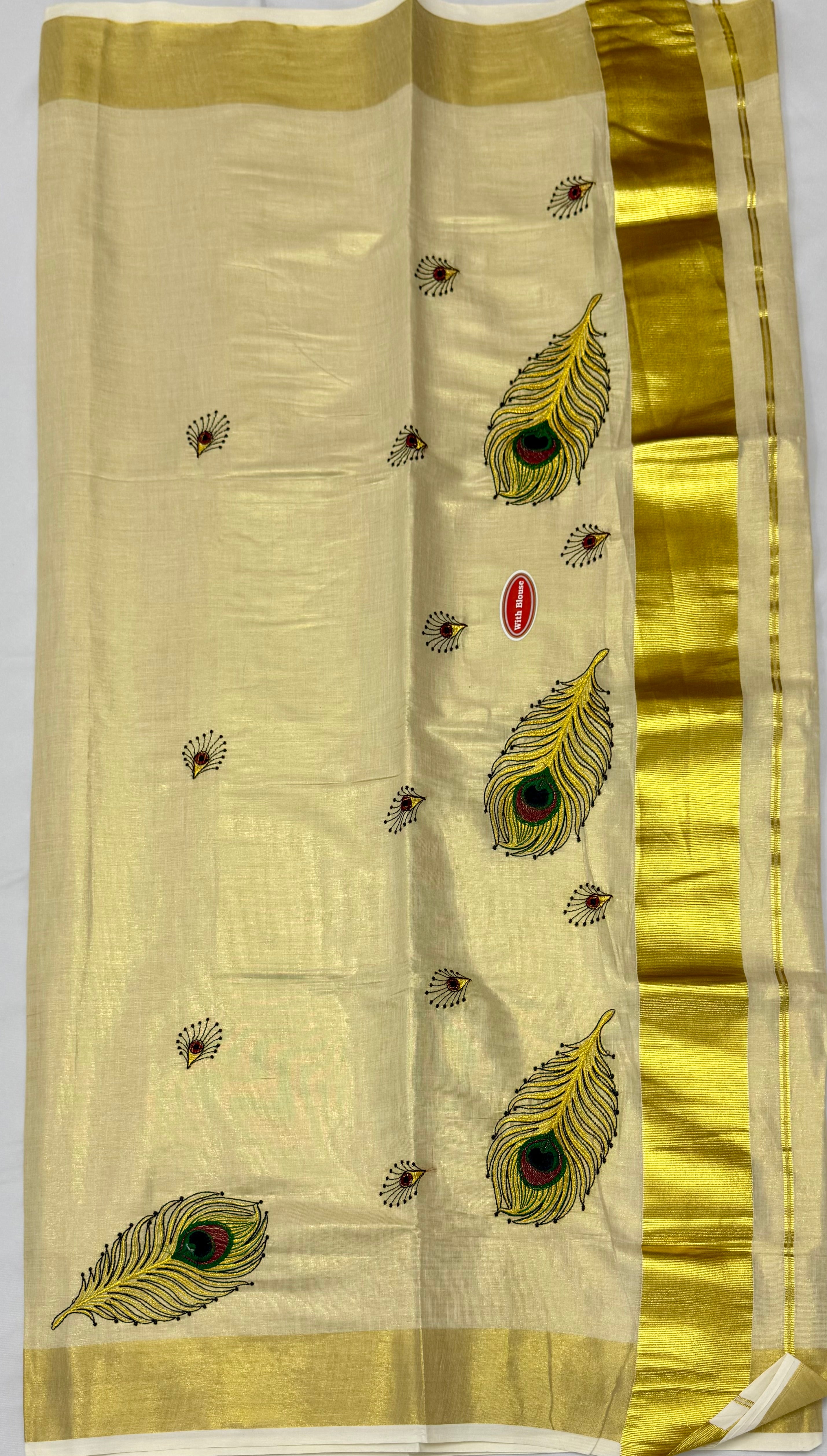 KERALA KASAVU TISSUE SILK EMBROIDERY SAREE - (GOLD,CREAM)