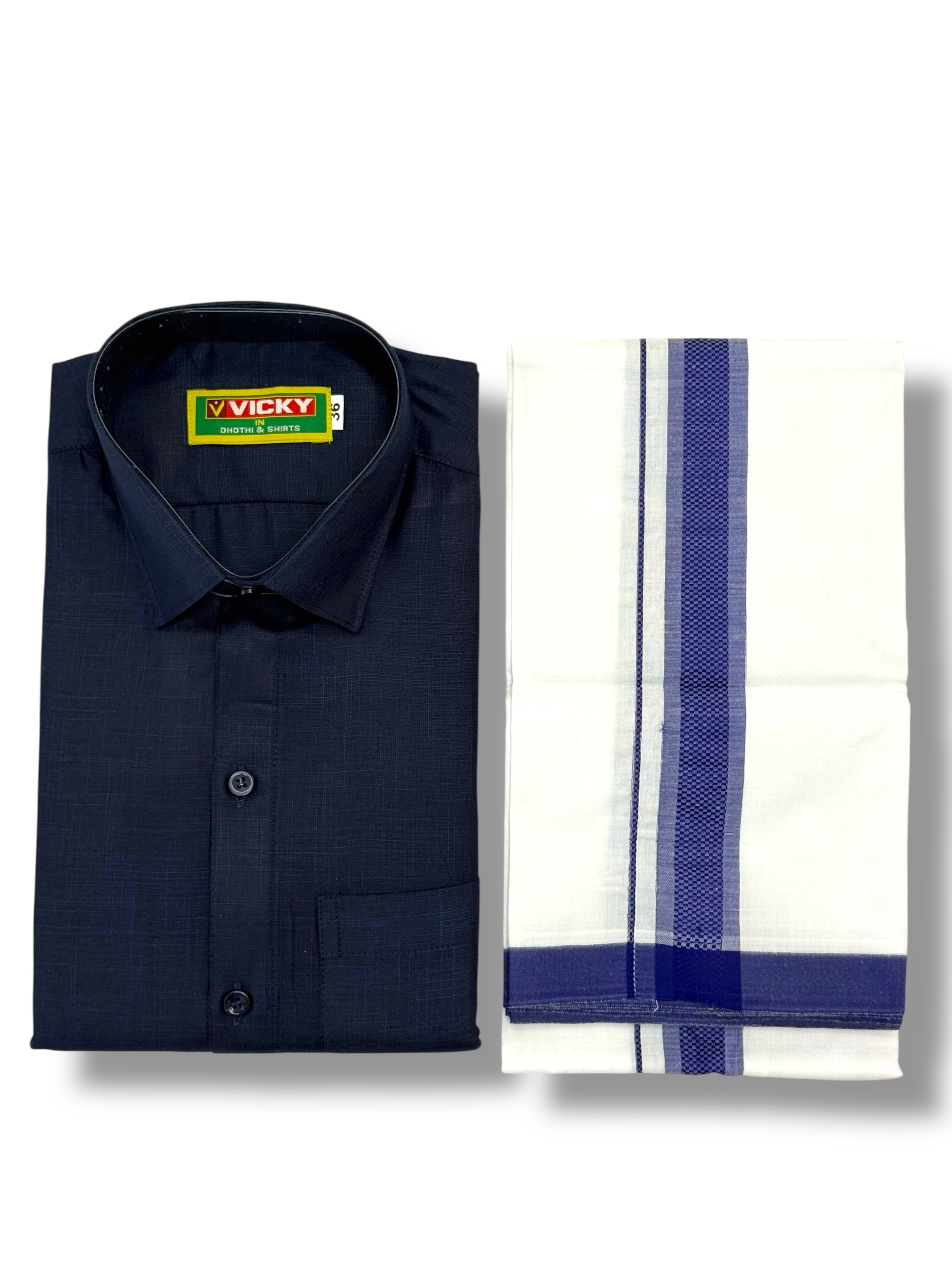 MEN'S MATCHING FANCY BORDER SINGLE DHOTI & SHIRT SET - NAVY BLUE