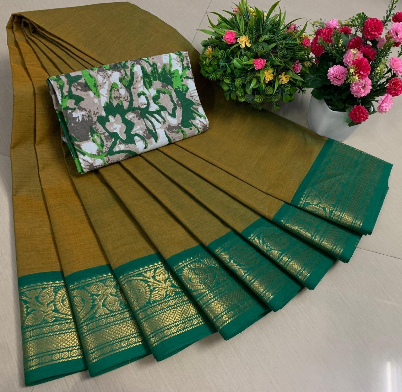 PURE KANCHI HANDLOOM COTTON SAREES - GREEN & YELLOW