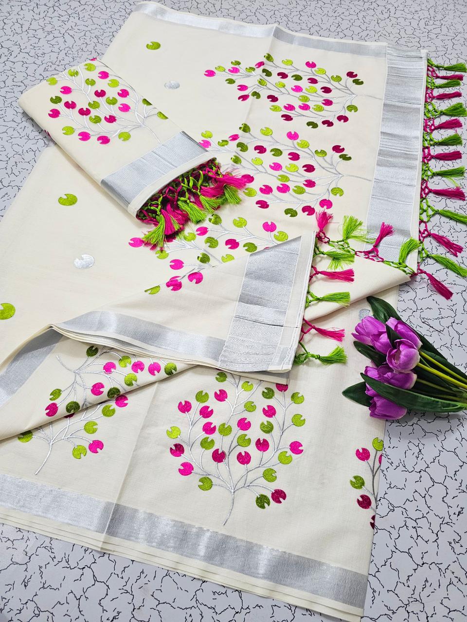 KERALA KASAVU EMBROIDERED COTTON SAREE - SILVER