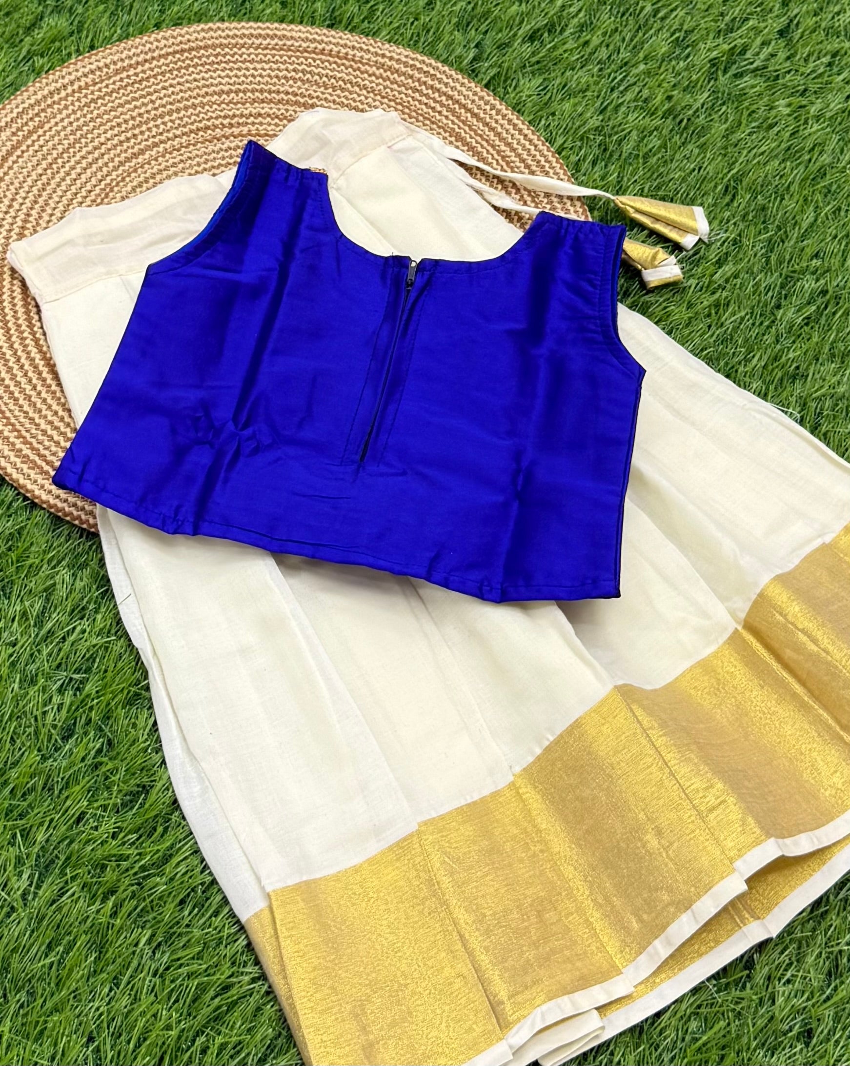 KIDS GIRL'S PATTU PAVADAI - CREAM & ROYAL BLUE