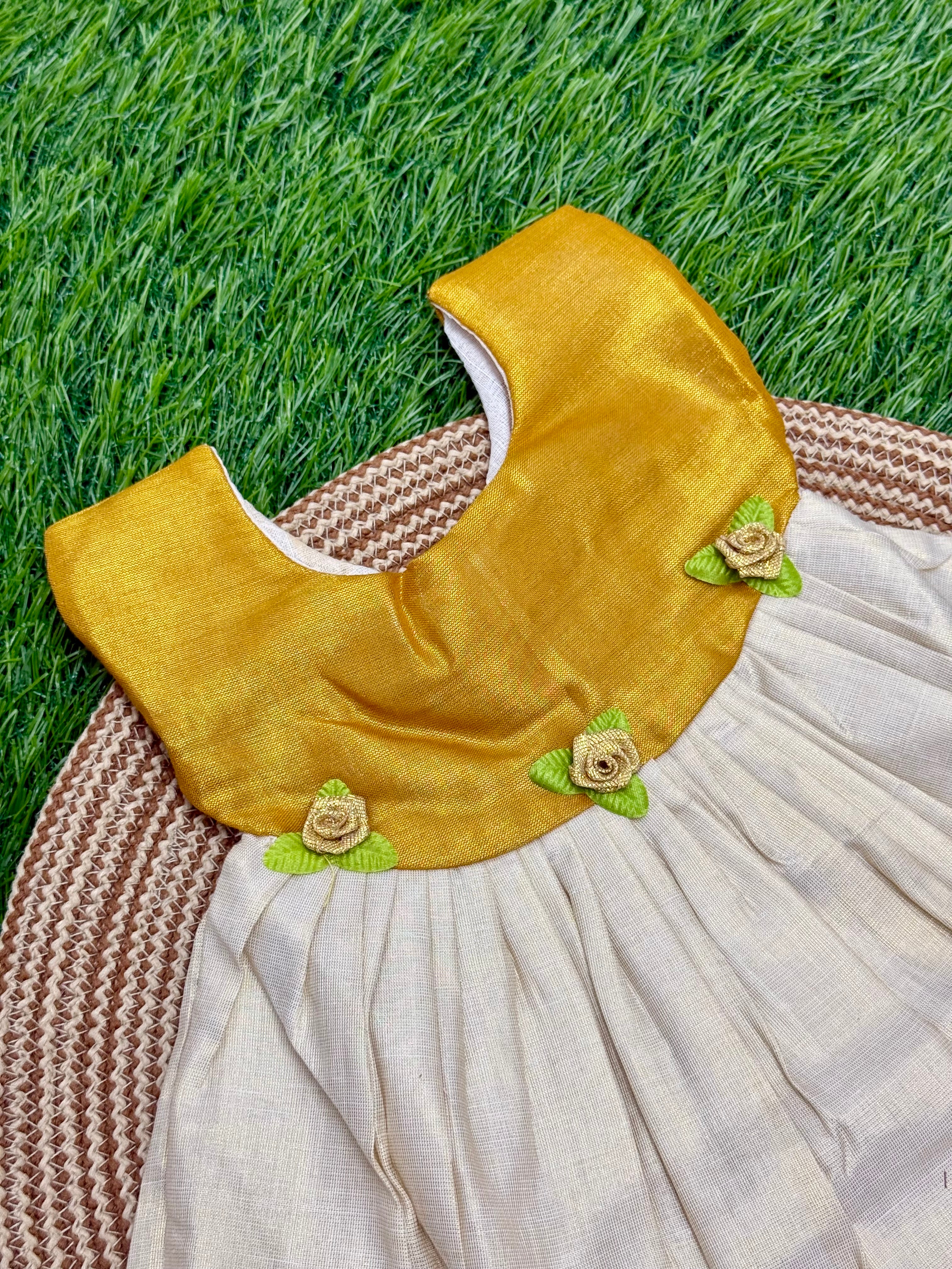 GIRL BABY KASAVU TISSUE FROCK - GOLD & CREAM