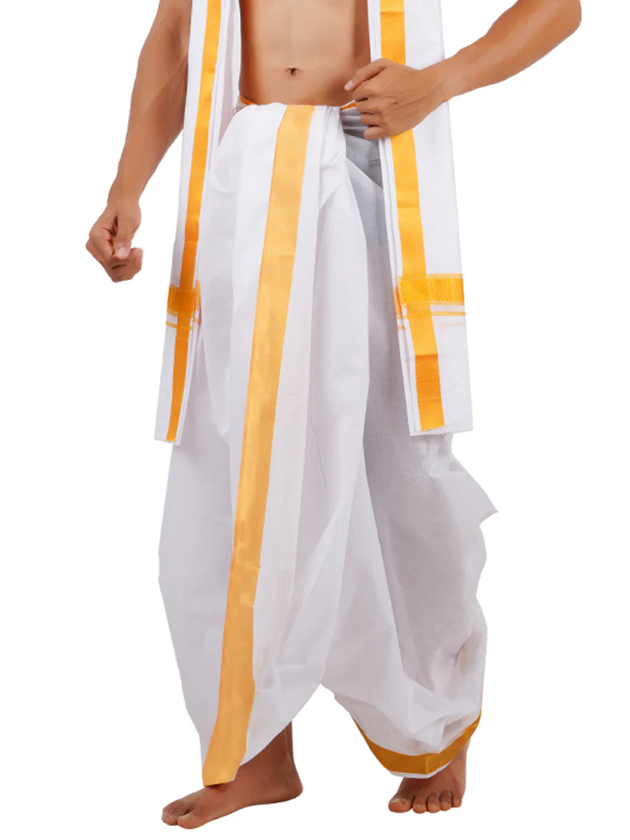 MEN'S READYMADE WHITE PANCHAKACHAM WITH GOLD ZARI BORDER