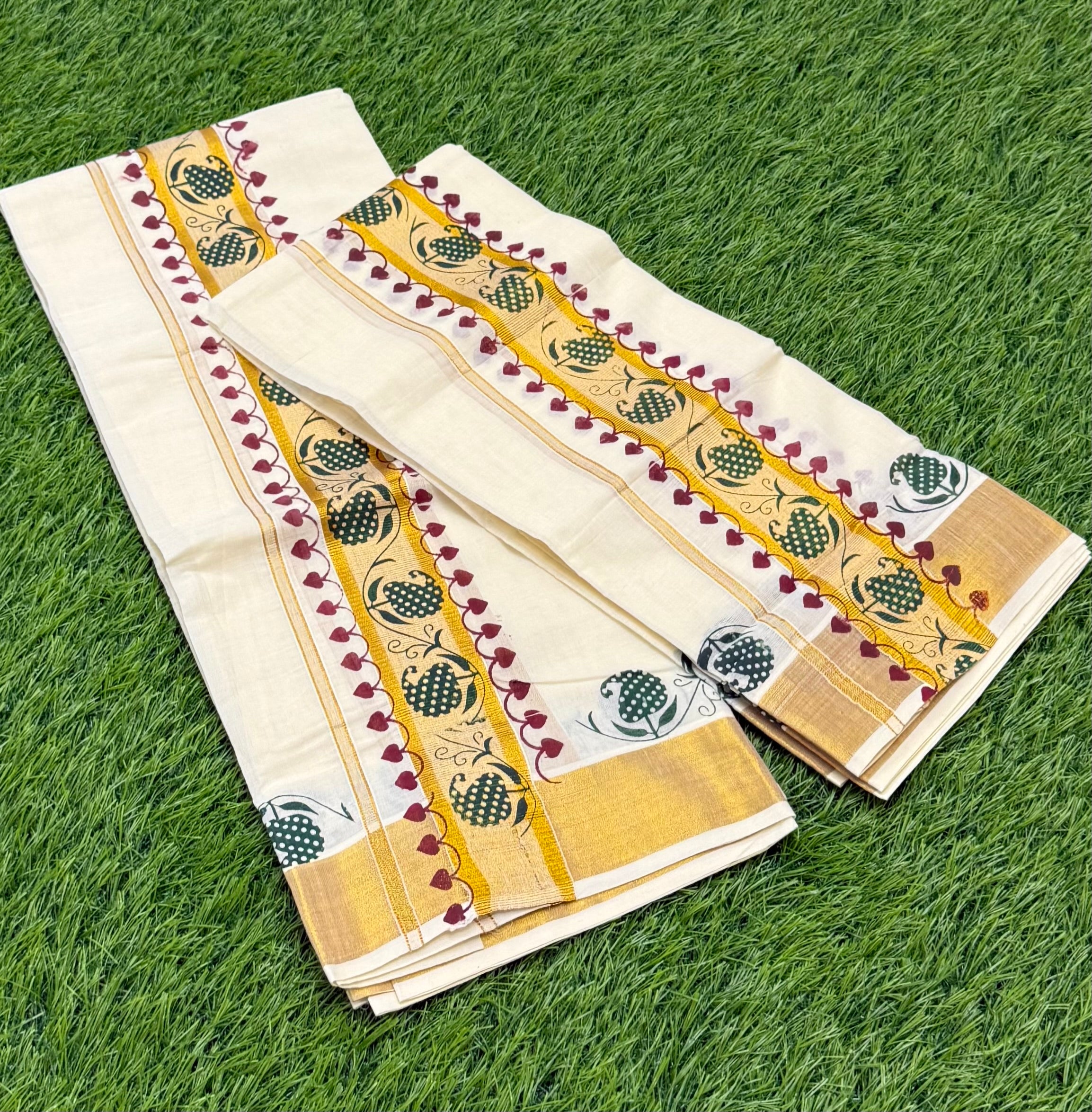 KASAVU COTTON FANCY SINGLE SET MUNDU (MUNDUM NERIYATHUM) - 2 X 2.50 MTRS - (OFF WHITE,GOLD)