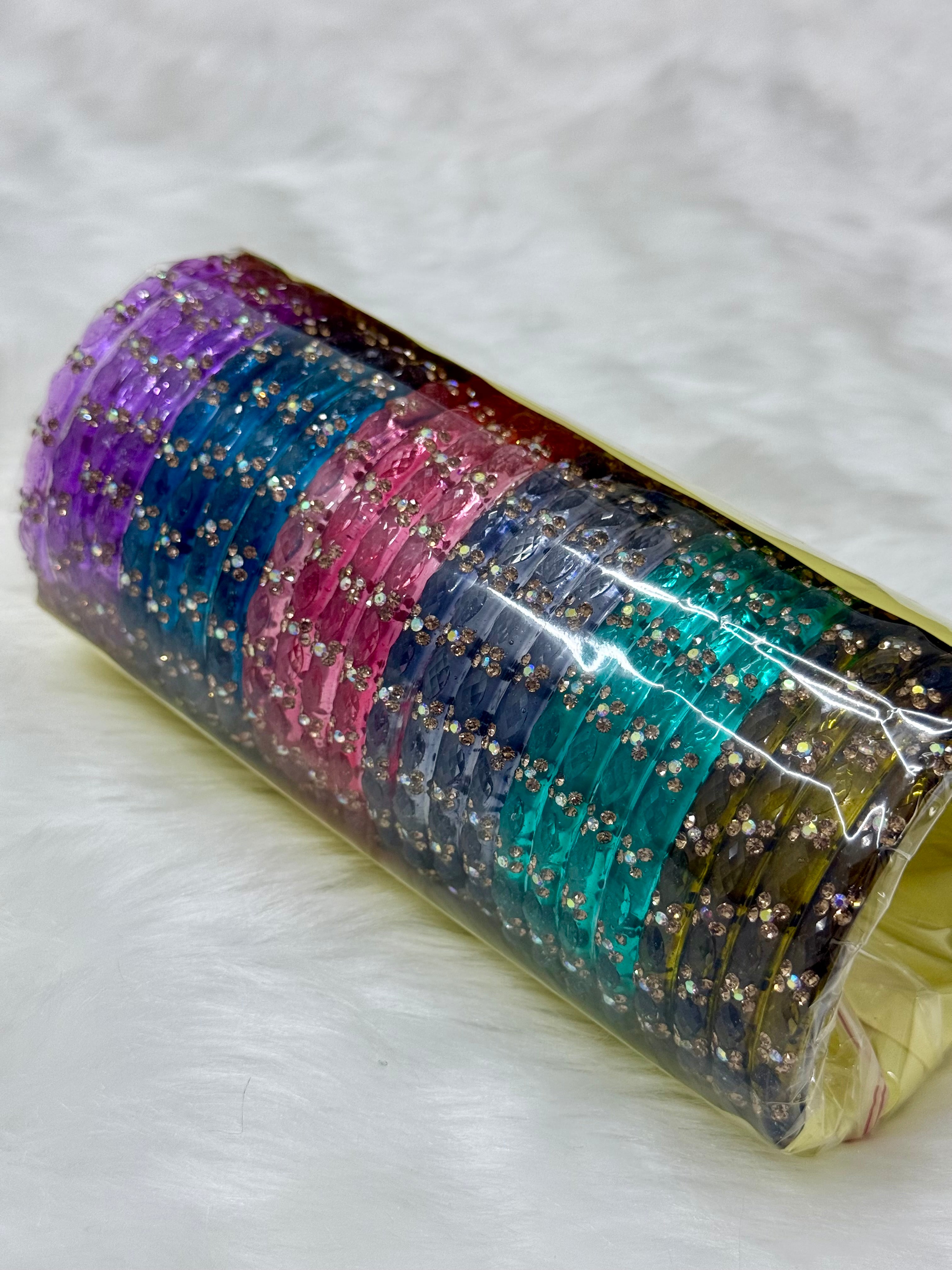 FANCY STONE WORK GLASS BANGLS - 6 COLOURS (BOX OF 24 PCS)