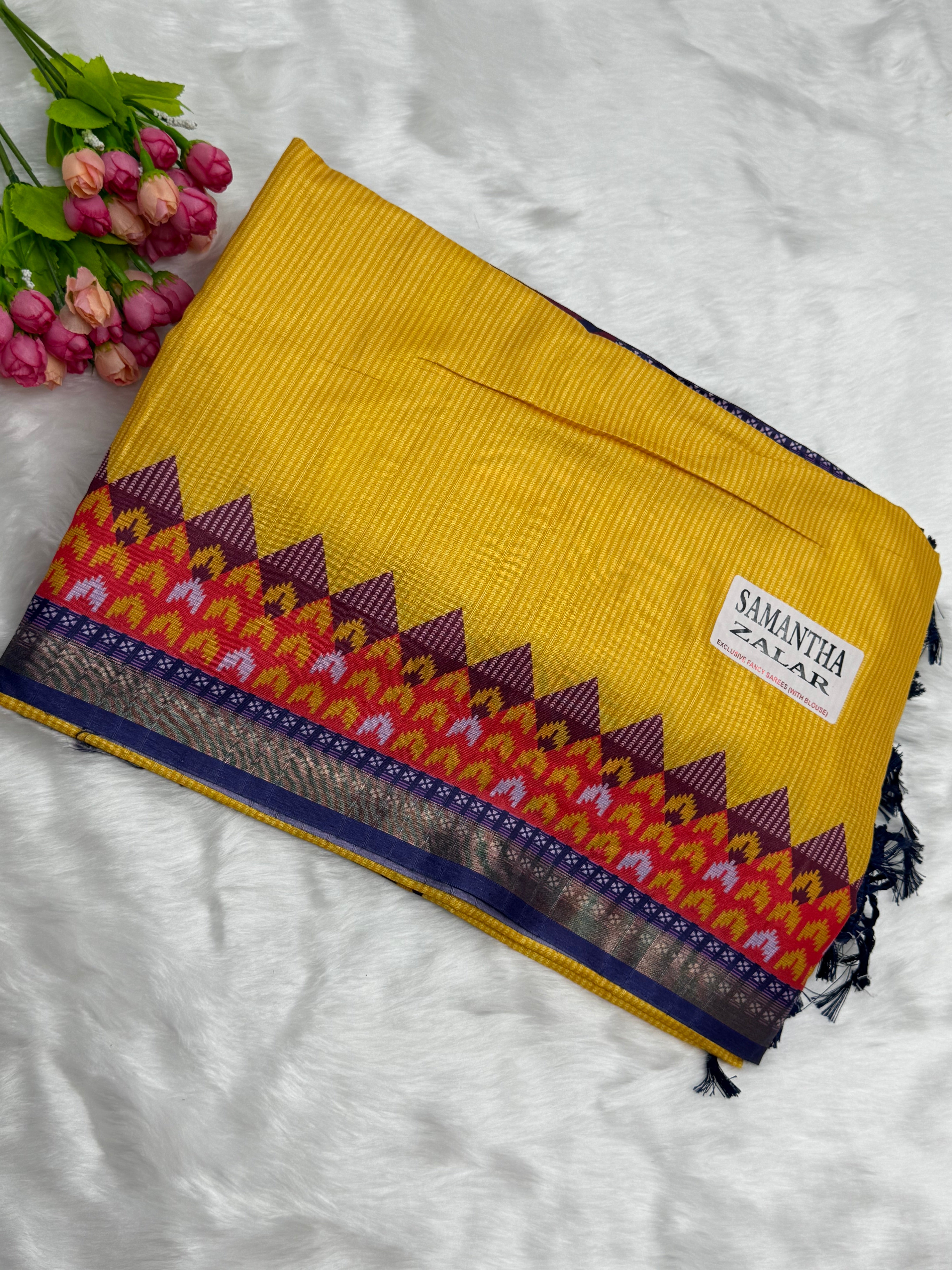 TRADITIONAL DOLLA SAREE WITH CONTRAST IKAT BORDER - YELLOW