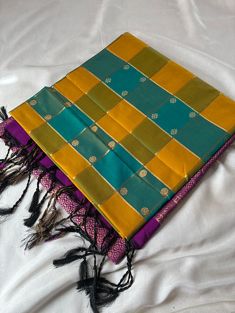 PREMIUM YELLOW TEAL PAALUM PAZHAMUM SAREE