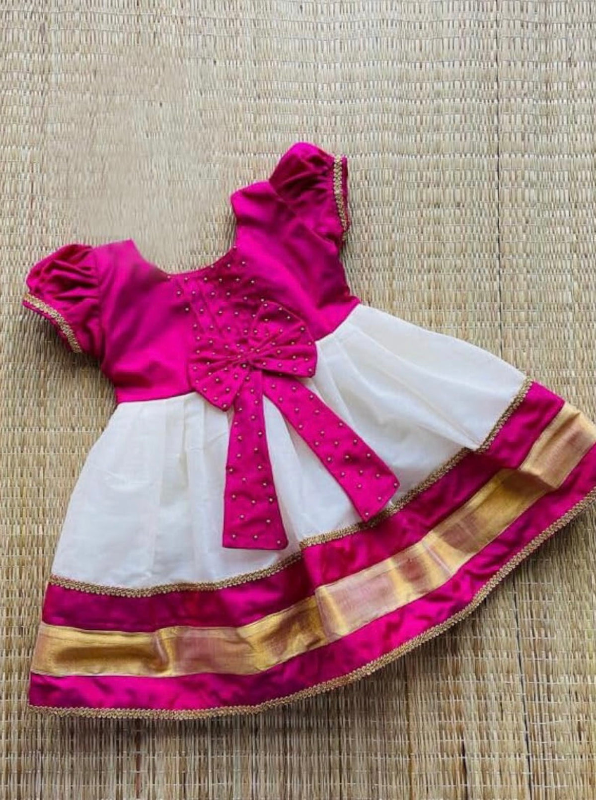 BABY GIRLS A-LINE MIDI PATTU PAVADAI DRESS IN PINK & OFFWHITE