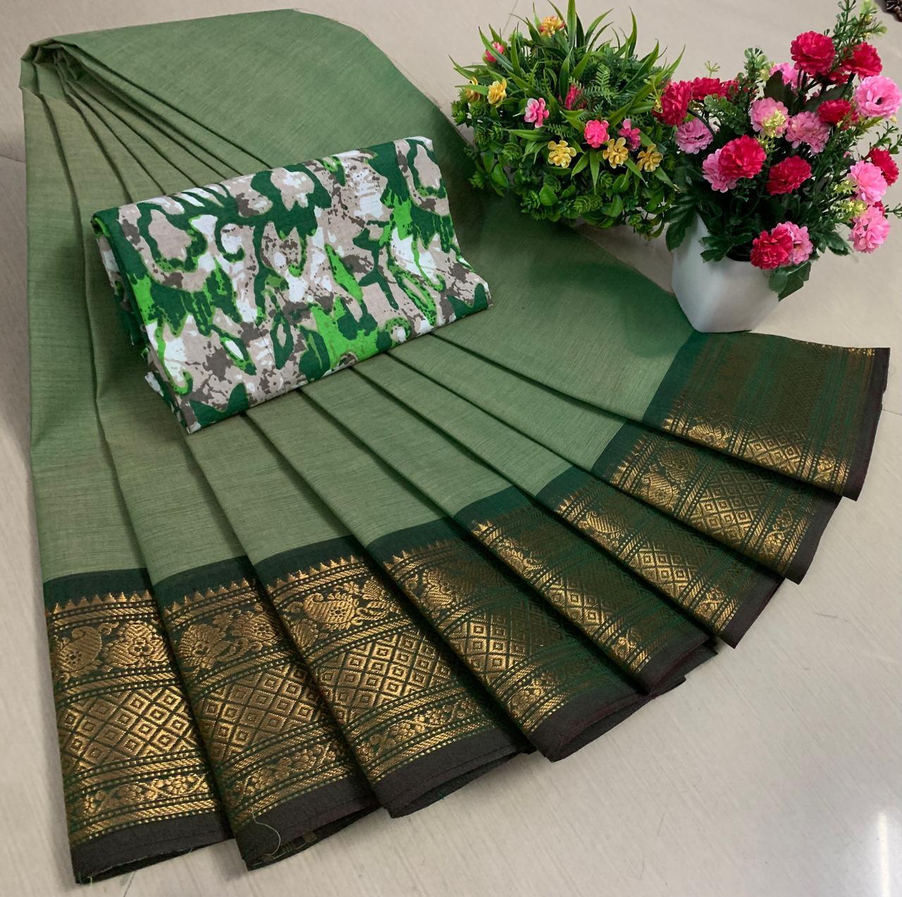 PURE KANCHI HANDLOOM COTTON SAREES - GREEN